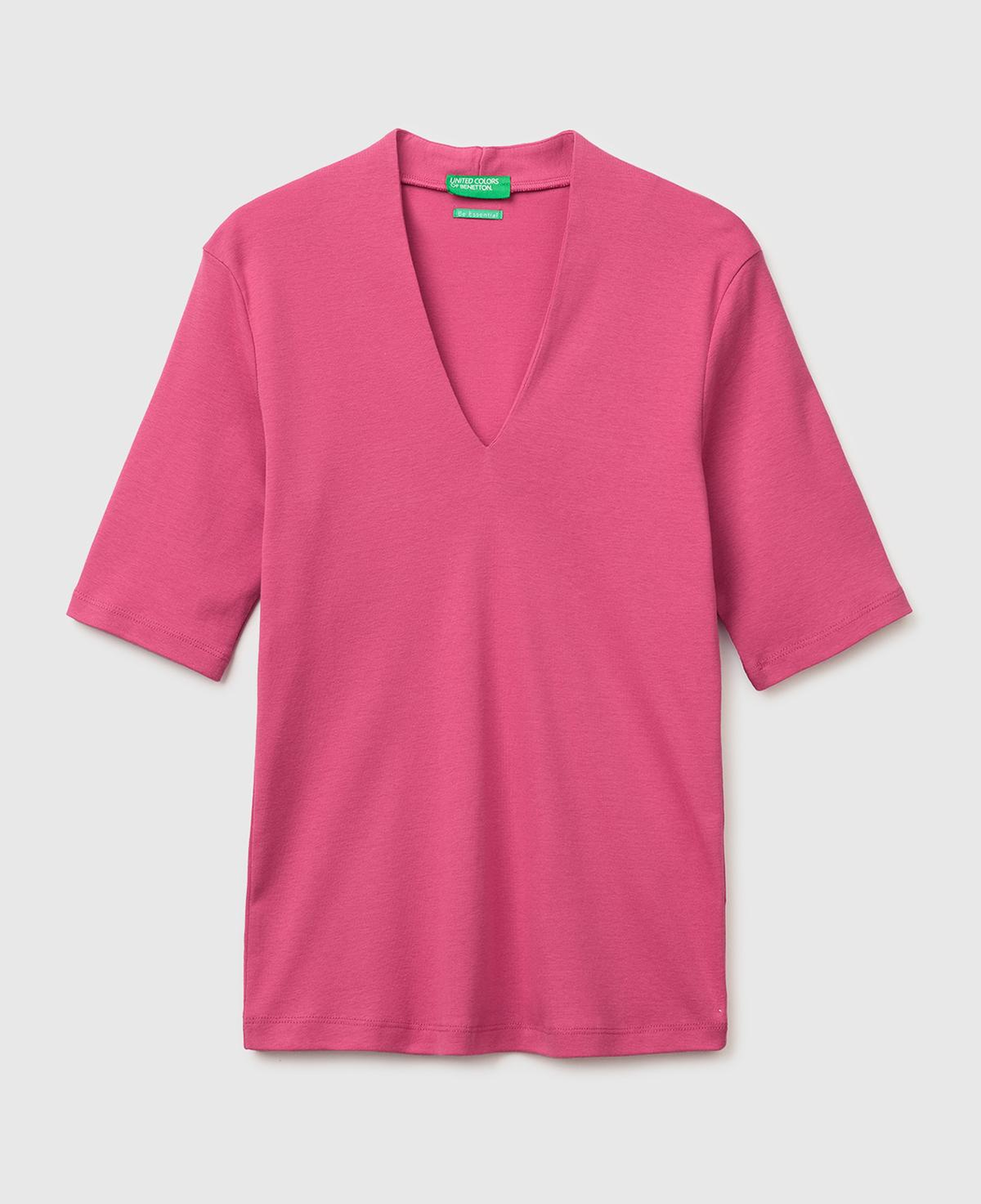 Kadın Fuşya %100 Pamuk Yarım Kollu Derin V Yaka T-Shirt