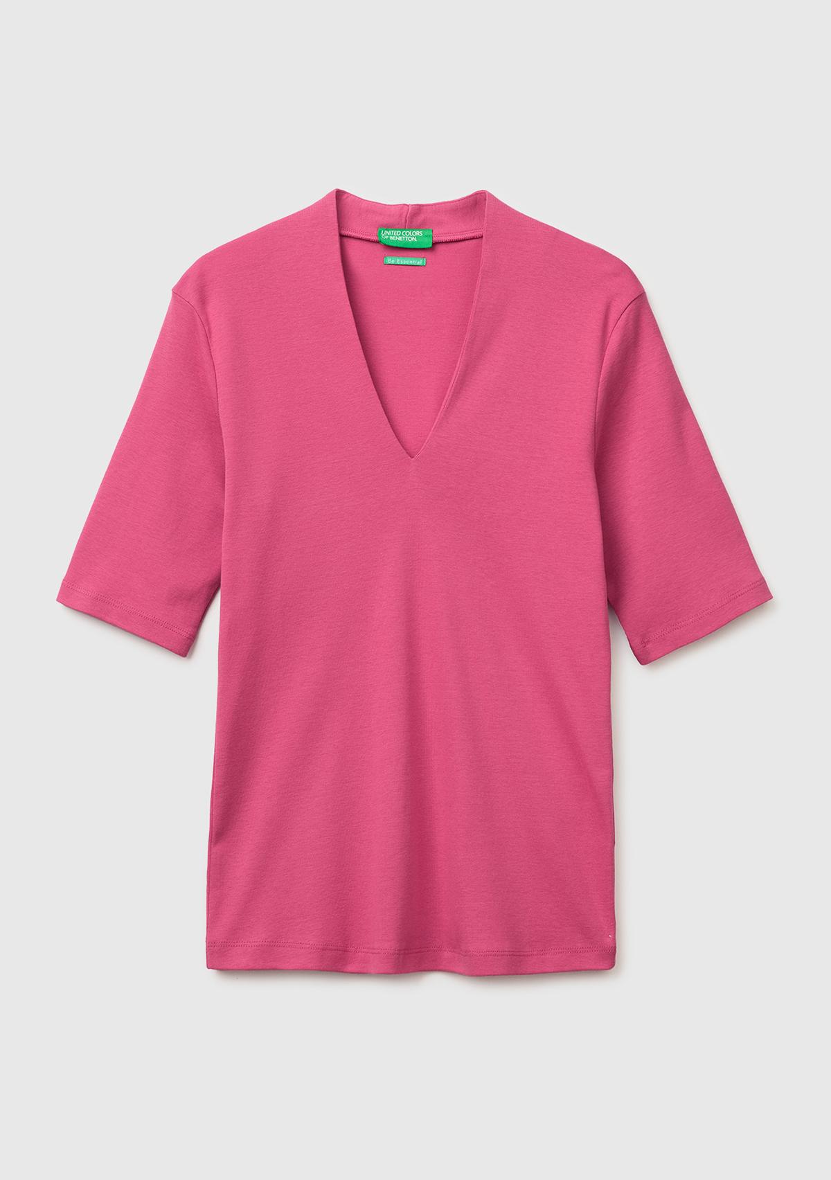 Kadın Fuşya %100 Pamuk Yarım Kollu Derin V Yaka T-Shirt