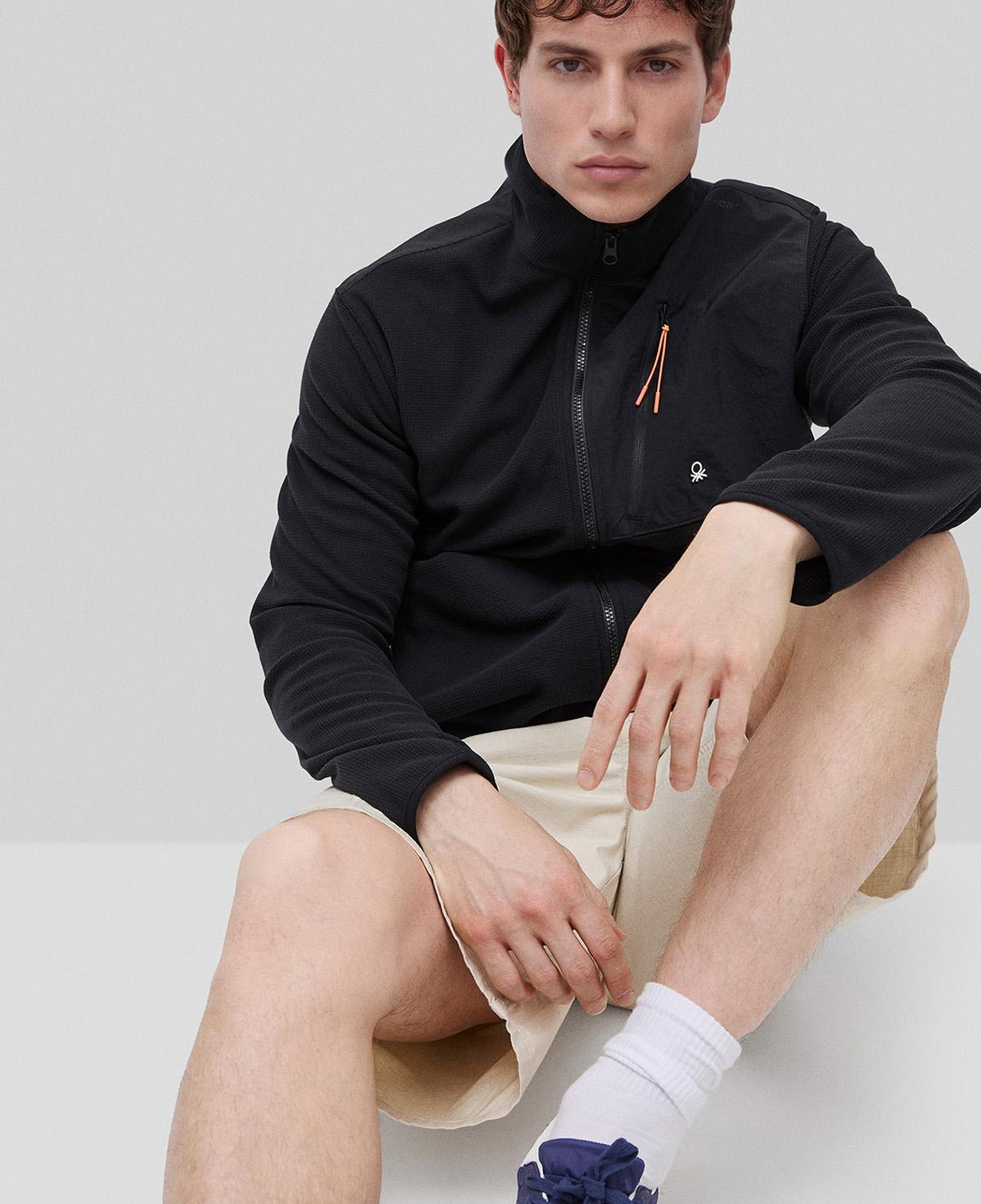 Erkek Siyah Deri Detaylı Logolu Fermuarlı Sweatshirt