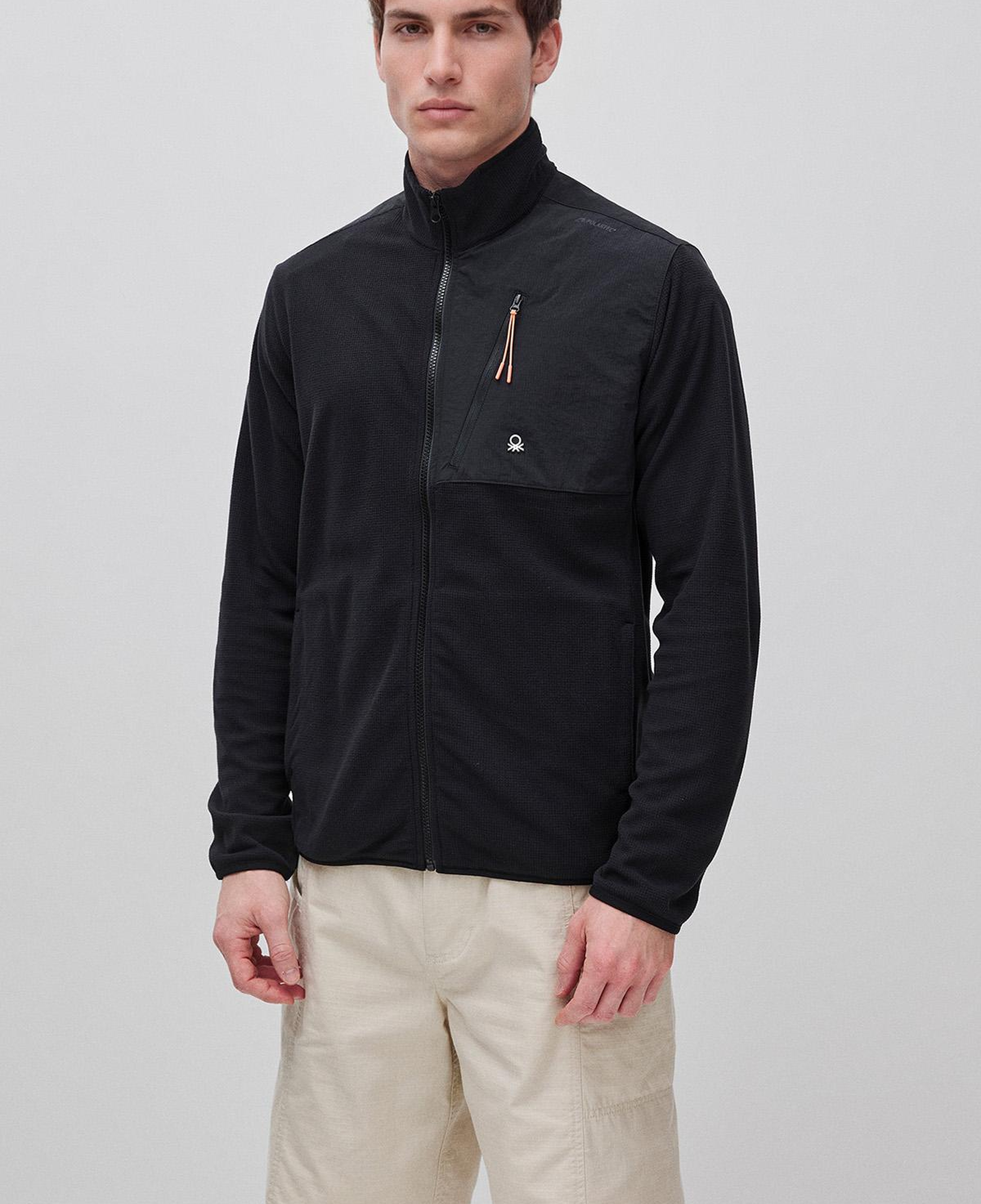 Erkek Siyah Deri Detaylı Logolu Fermuarlı Sweatshirt