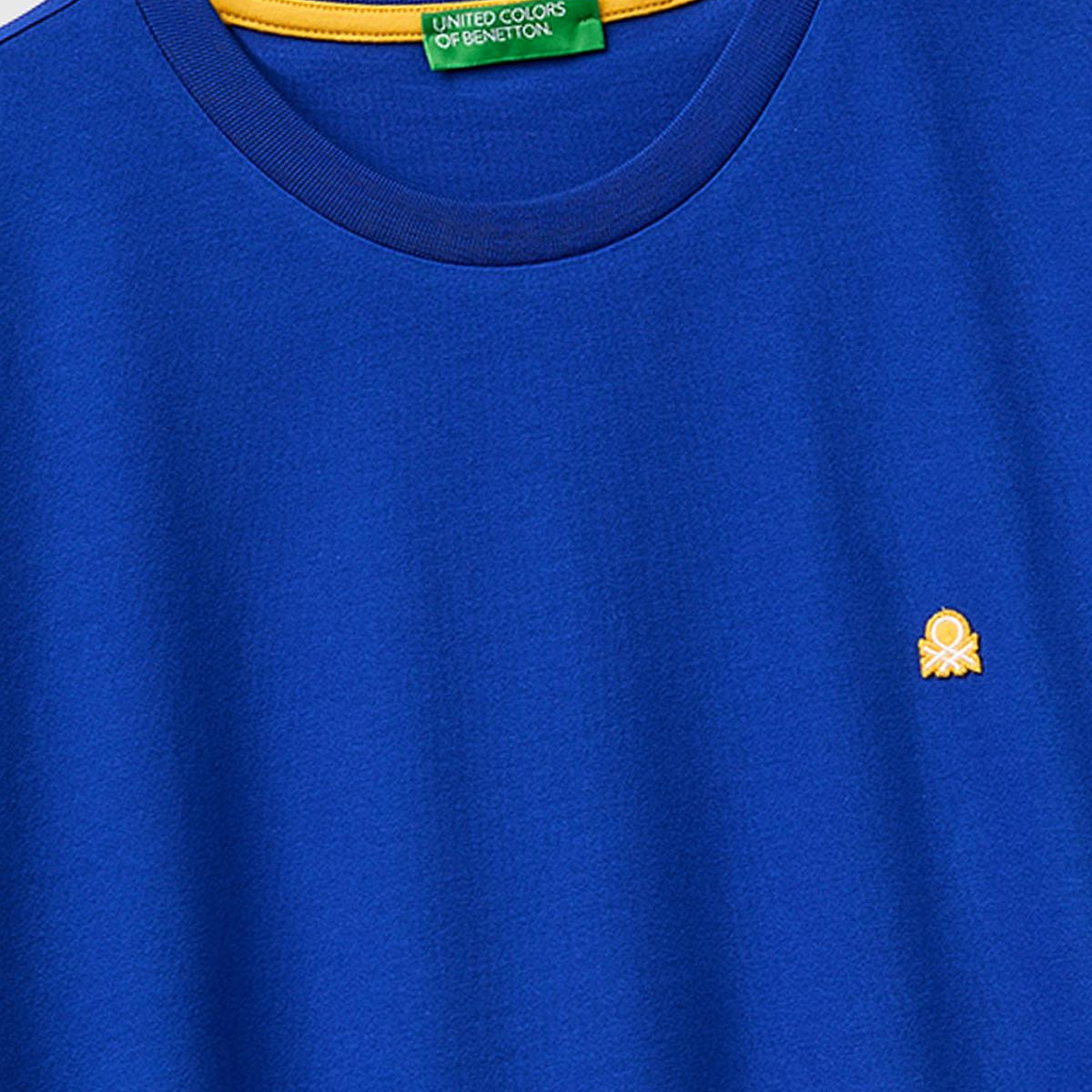 Erkek Saks Mavi %100 Koton Logolu Bisiklet Yaka T-Shirt