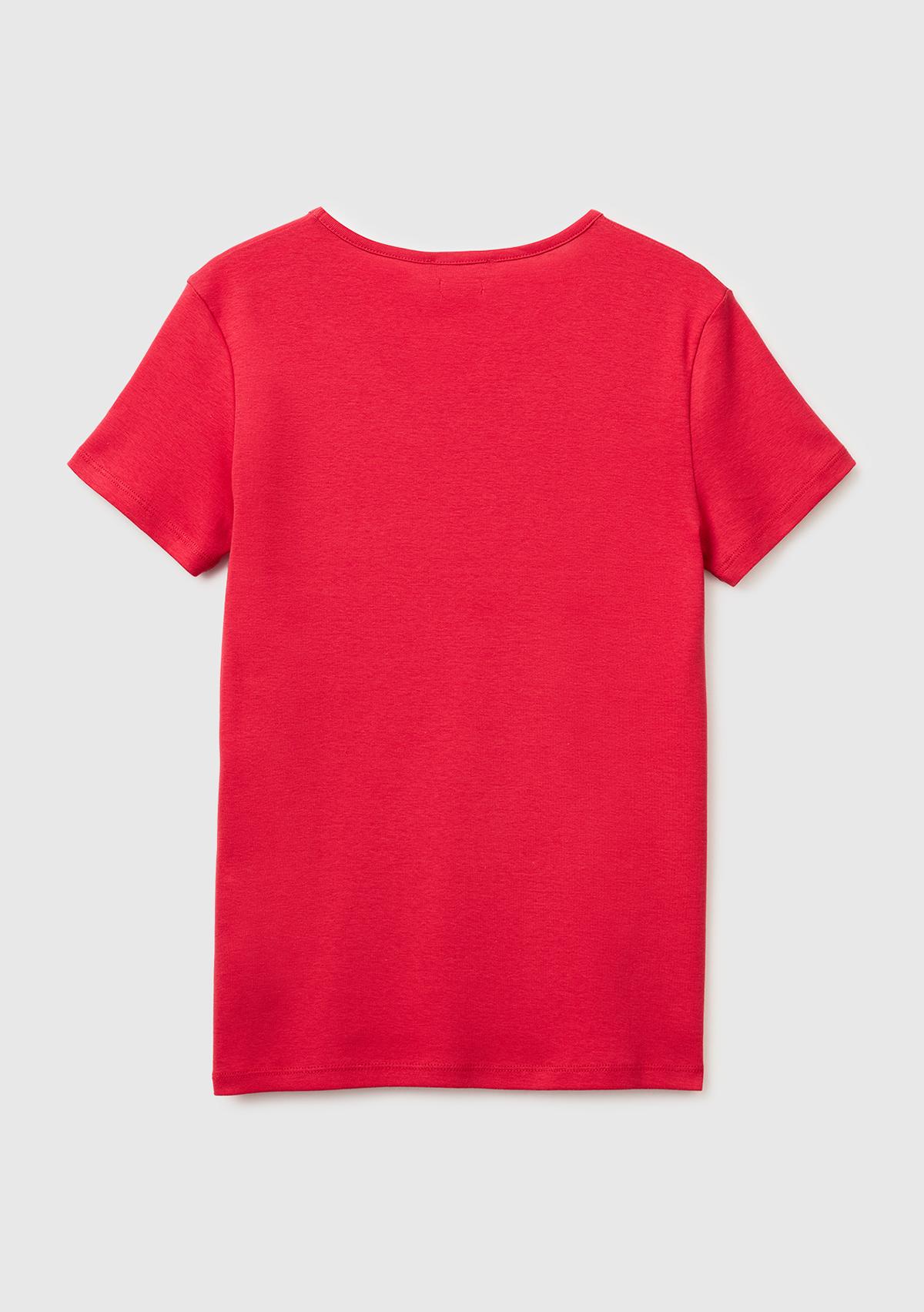 Kadın Kırmızı %100 Pamuk Geniş V Yaka T-Shirt