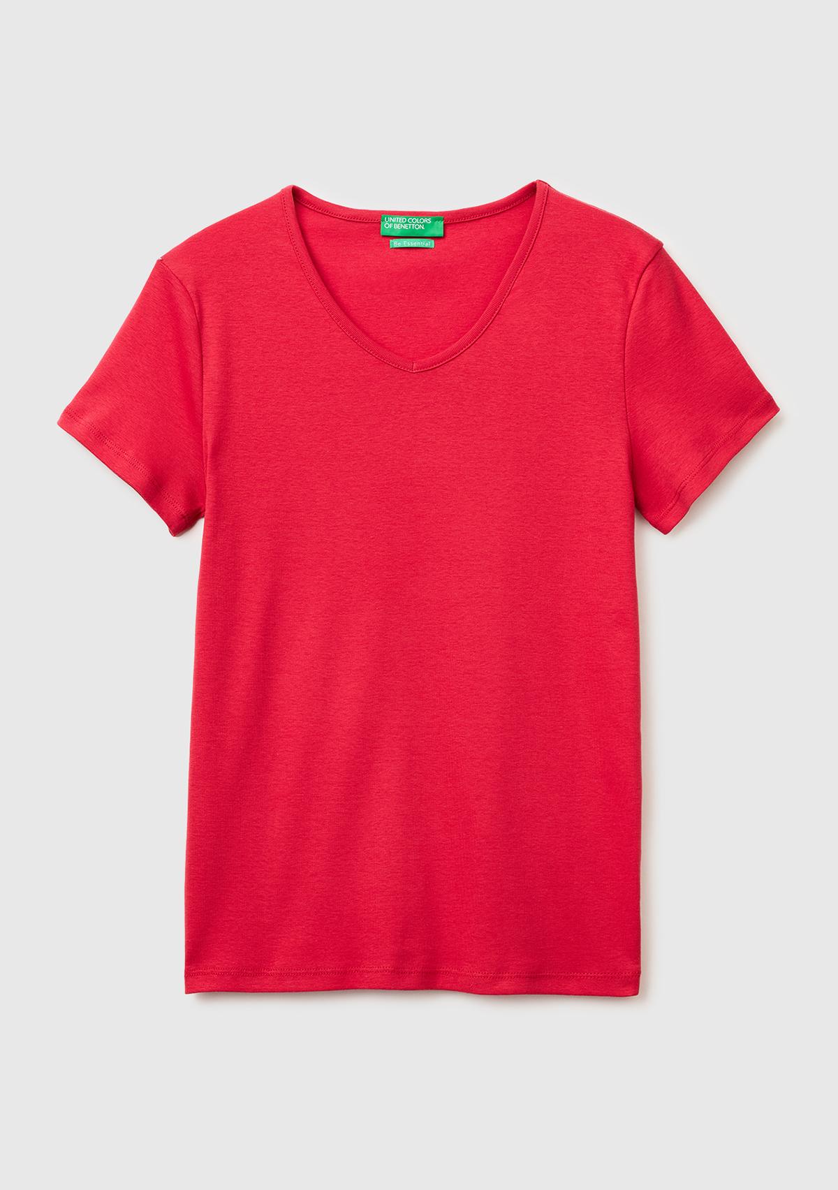 Kadın Kırmızı %100 Pamuk Geniş V Yaka T-Shirt