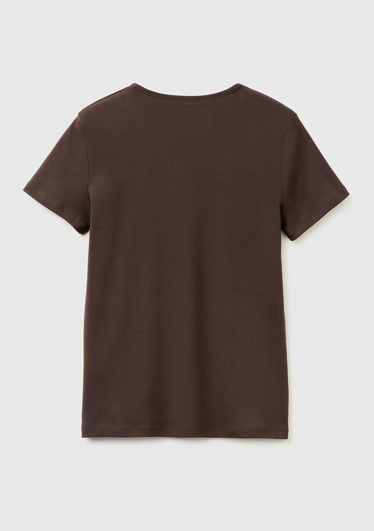 Kadın Kahverengi %100 Pamuk Geniş V Yaka T-Shirt