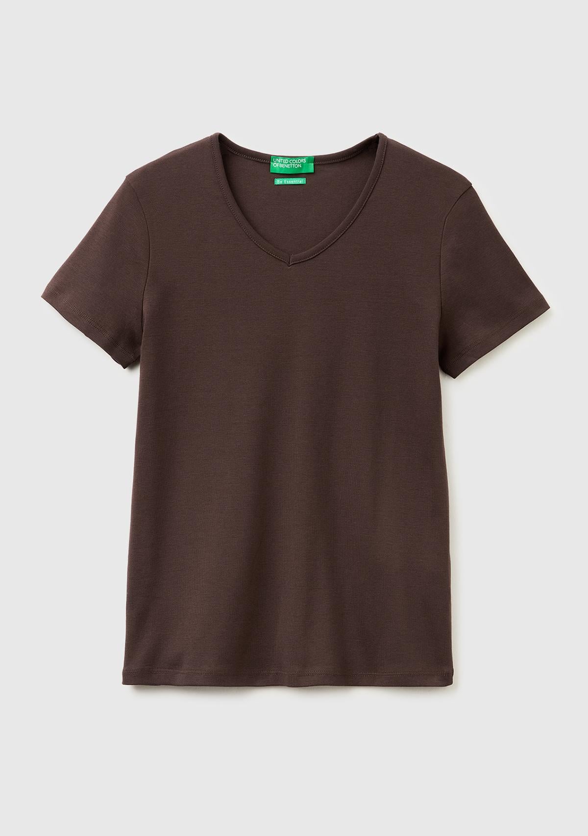 Kadın Kahverengi %100 Pamuk Geniş V Yaka T-Shirt