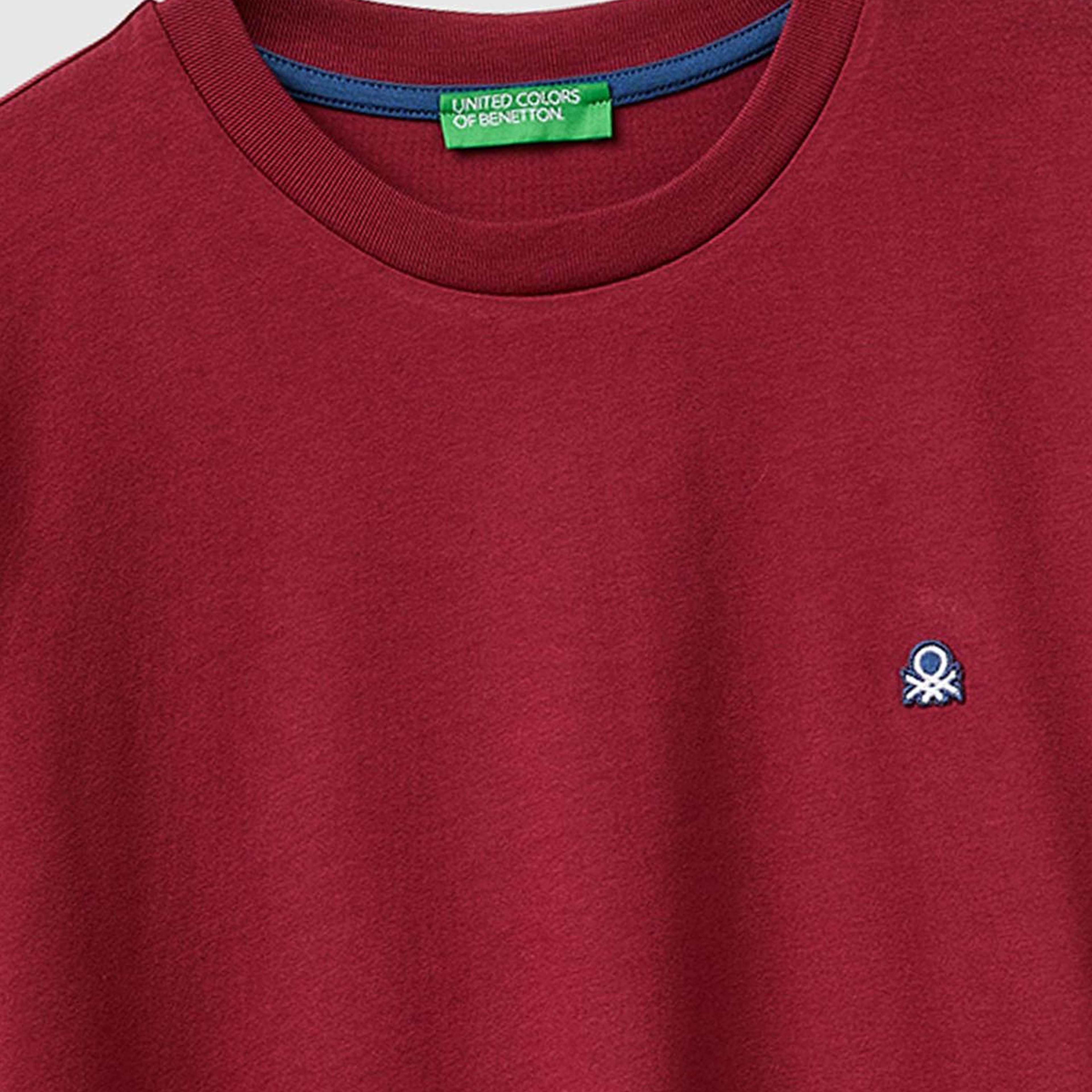 Erkek Bordo %100 Koton Logolu Bisiklet Yaka T-Shirt