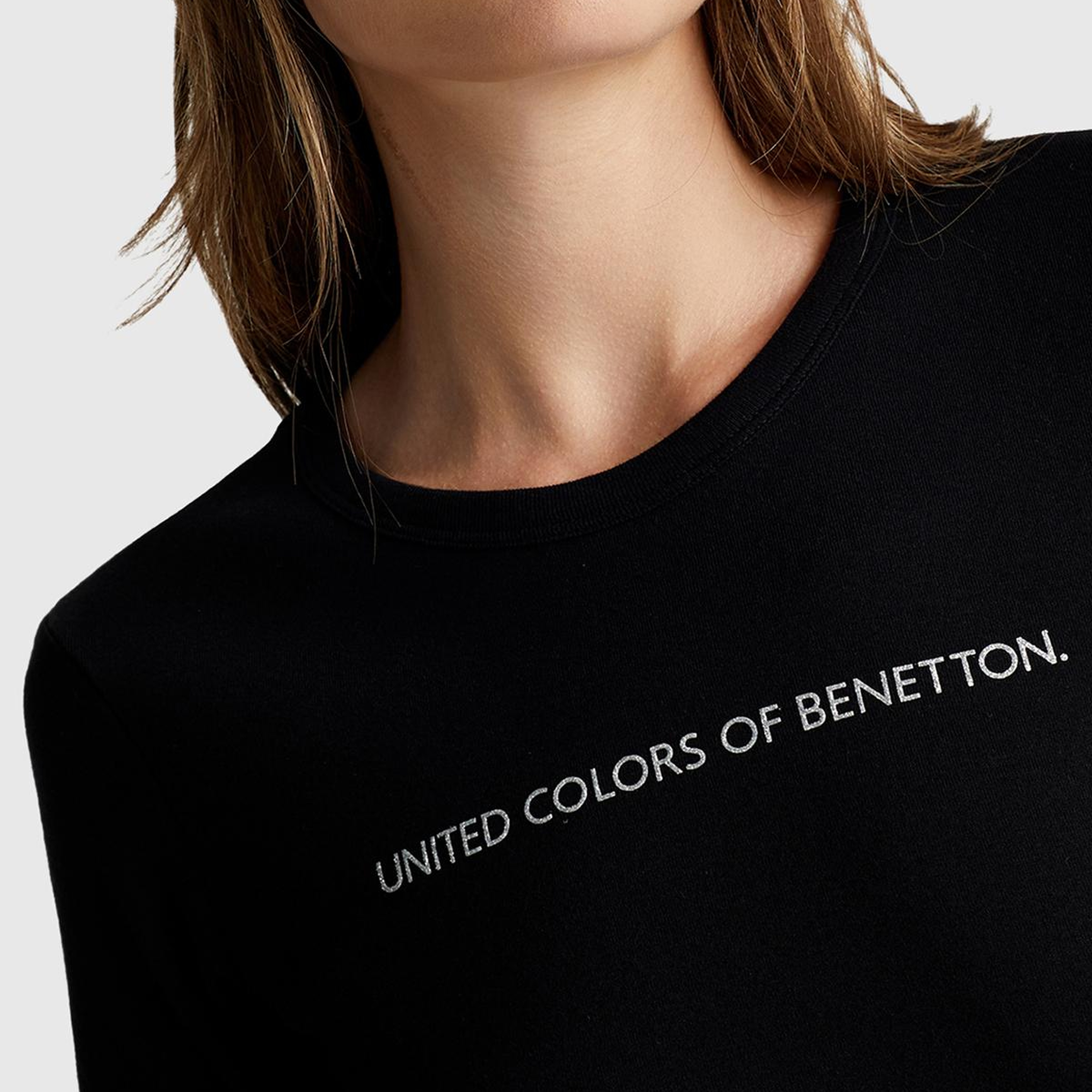 Kadın Siyah %100 Pamuk Logo Baskılı Bisiklet Yaka T-Shirt