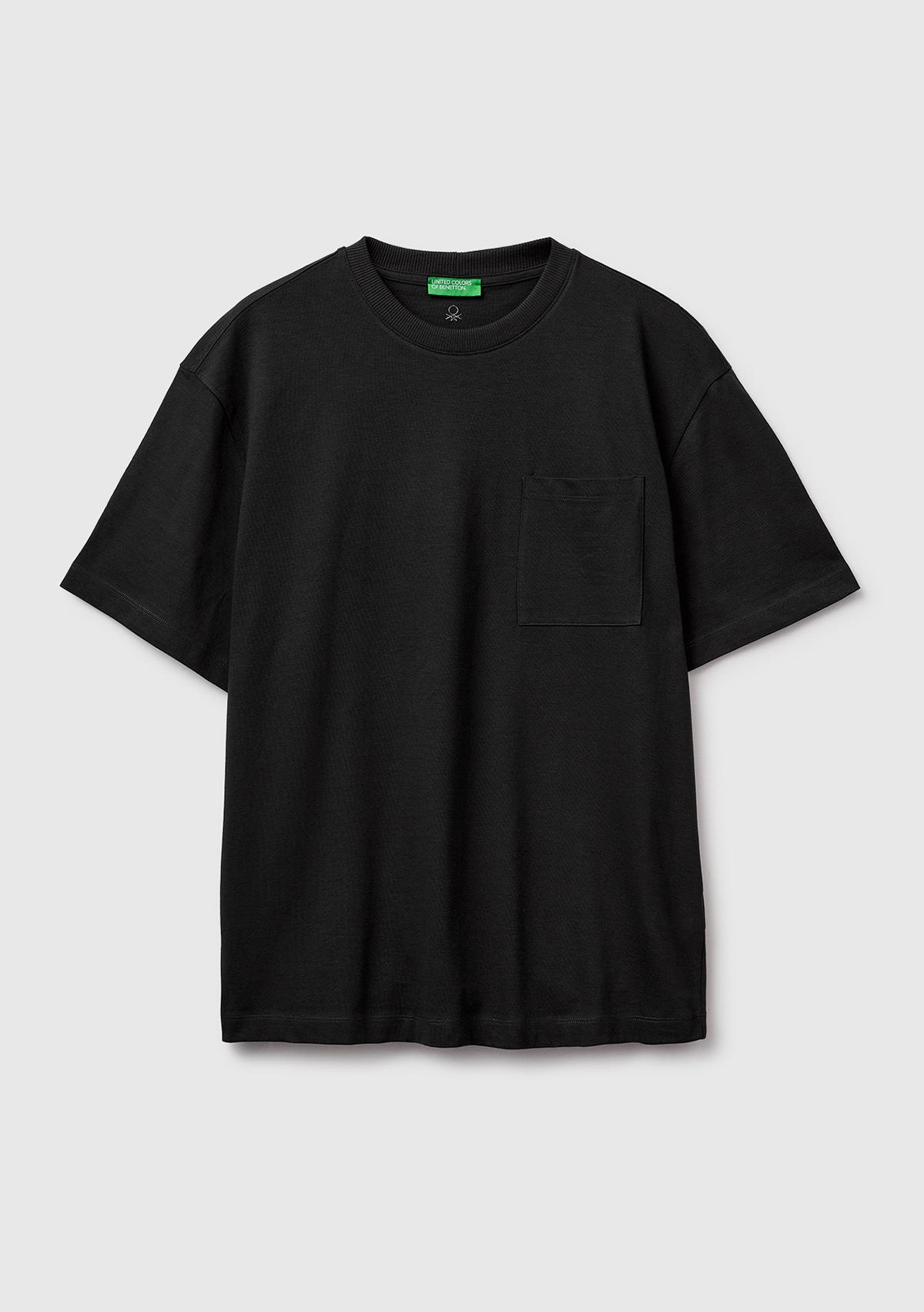 Erkek Siyah  %100 Pamuk Cepli Arkası Logo Nakışlı Bisiklet Yaka T-Shirt