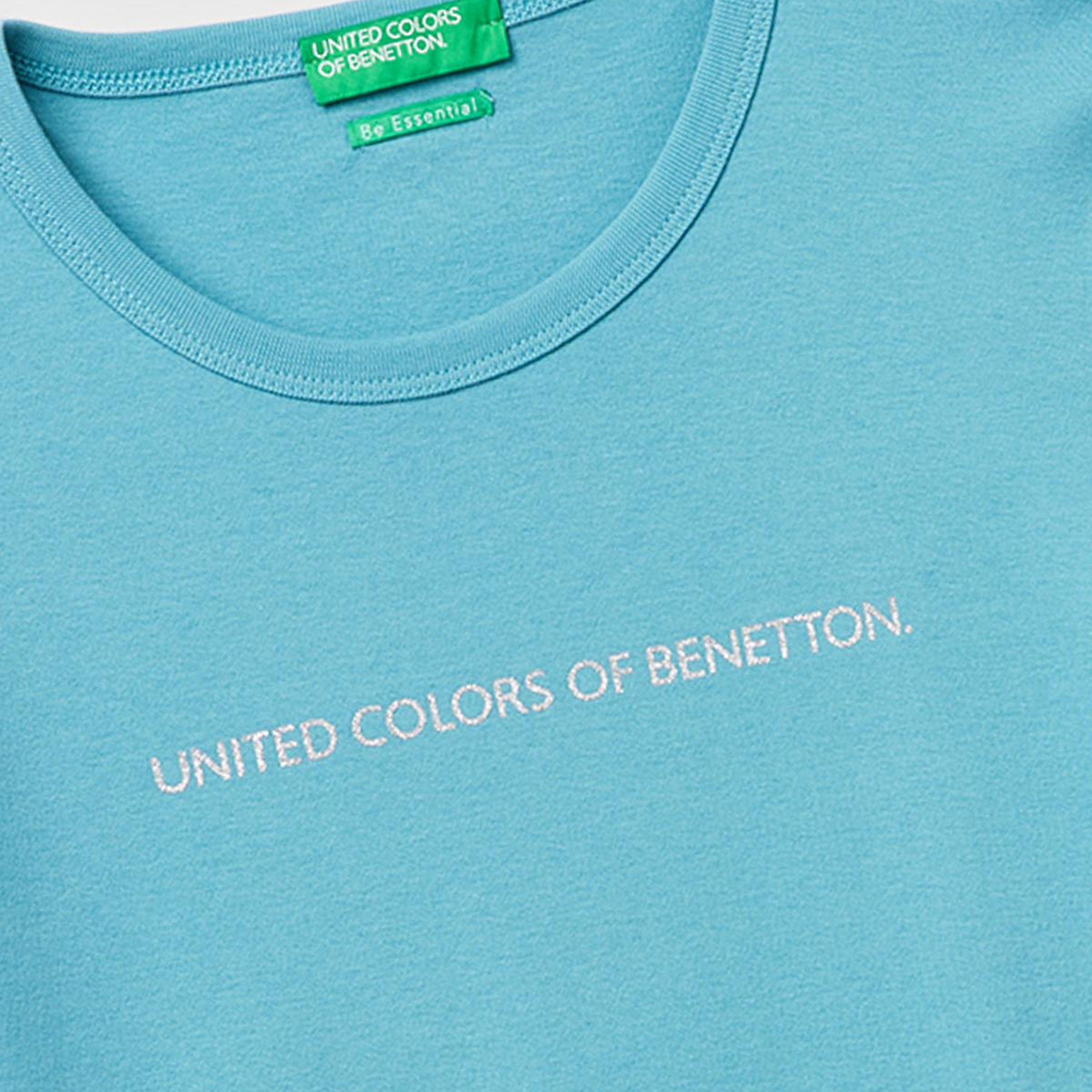 Kadın Mavi %100 Pamuk Logo Baskılı Bisiklet Yaka T-Shirt
