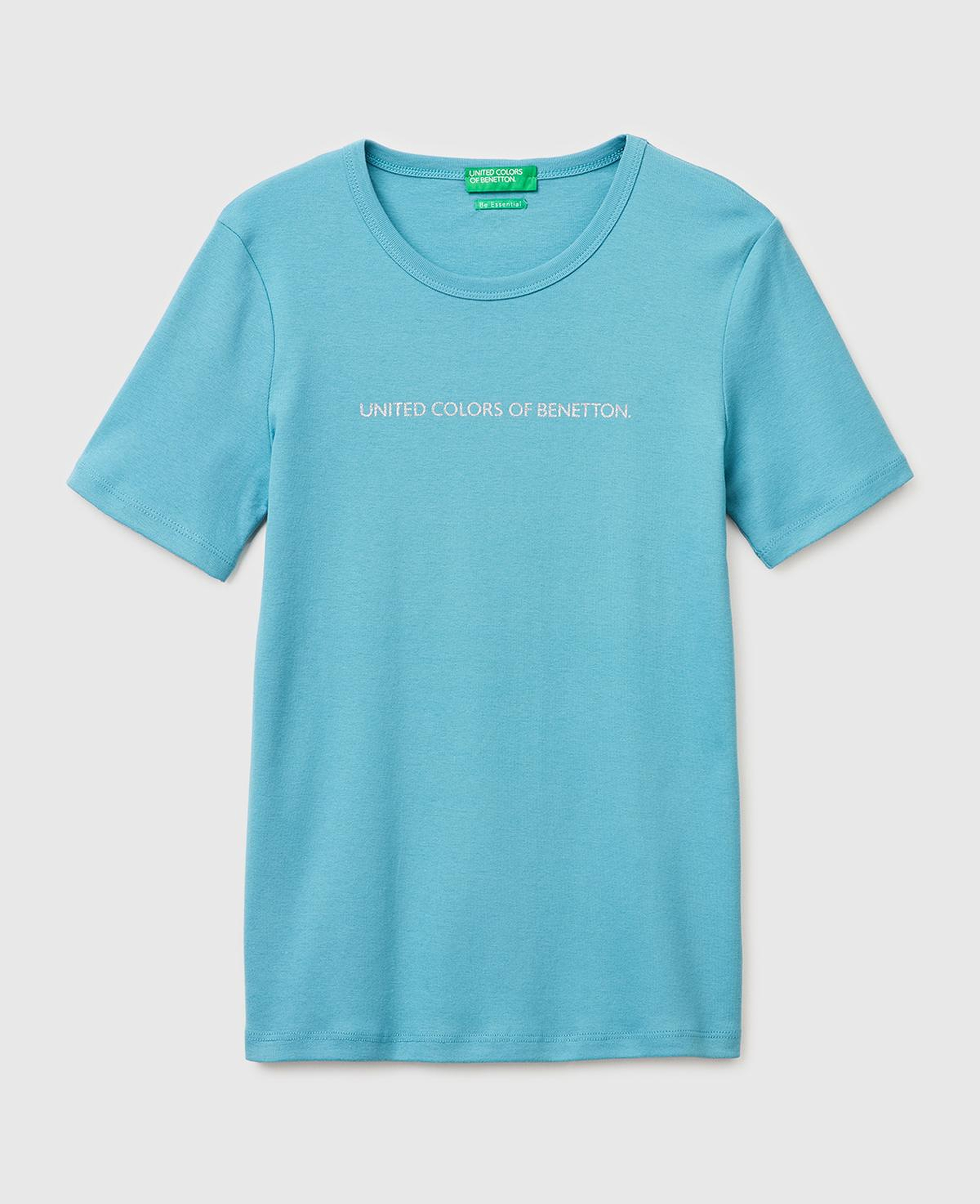 Kadın Mavi %100 Pamuk Logo Baskılı Bisiklet Yaka T-Shirt