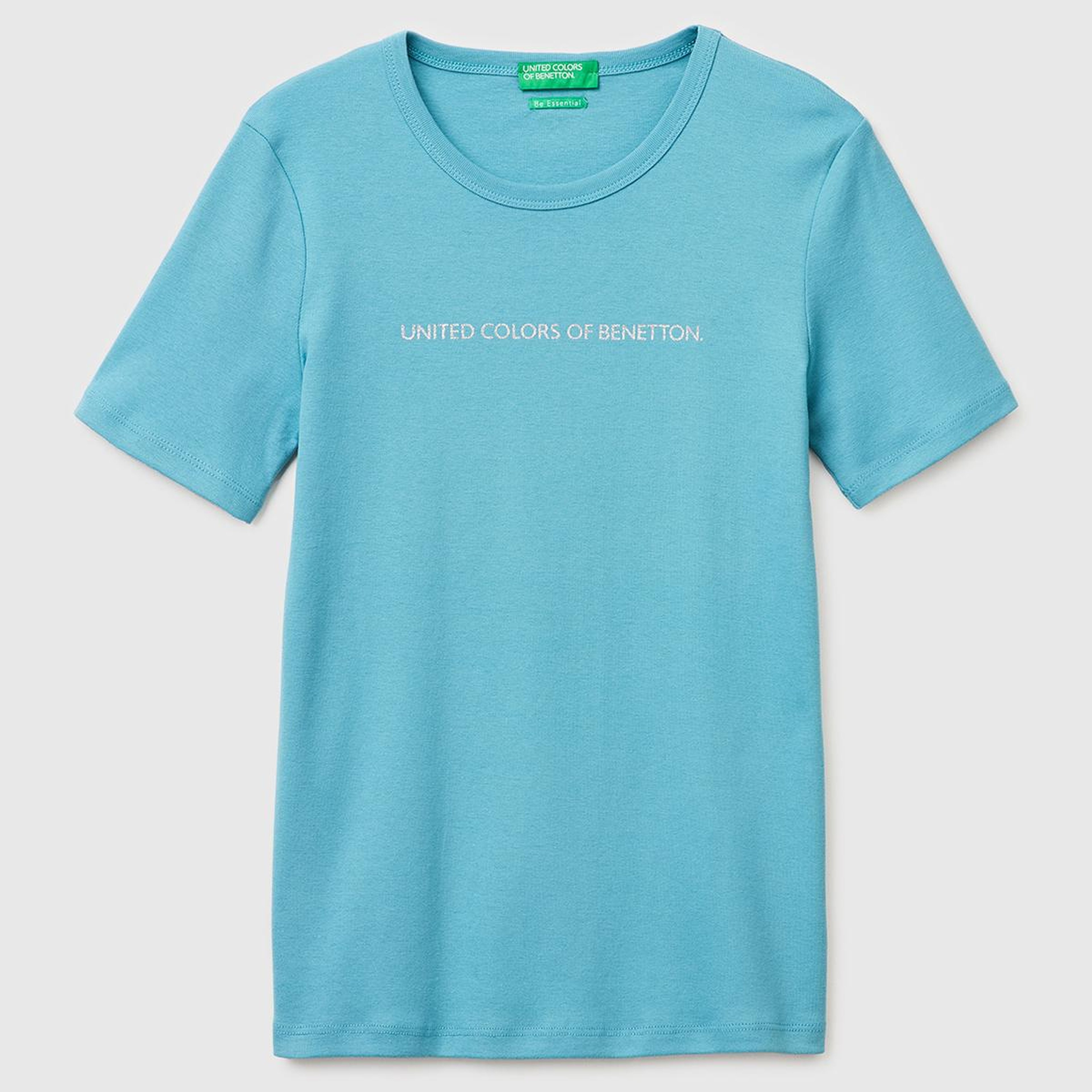 Kadın Mavi %100 Pamuk Logo Baskılı Bisiklet Yaka T-Shirt