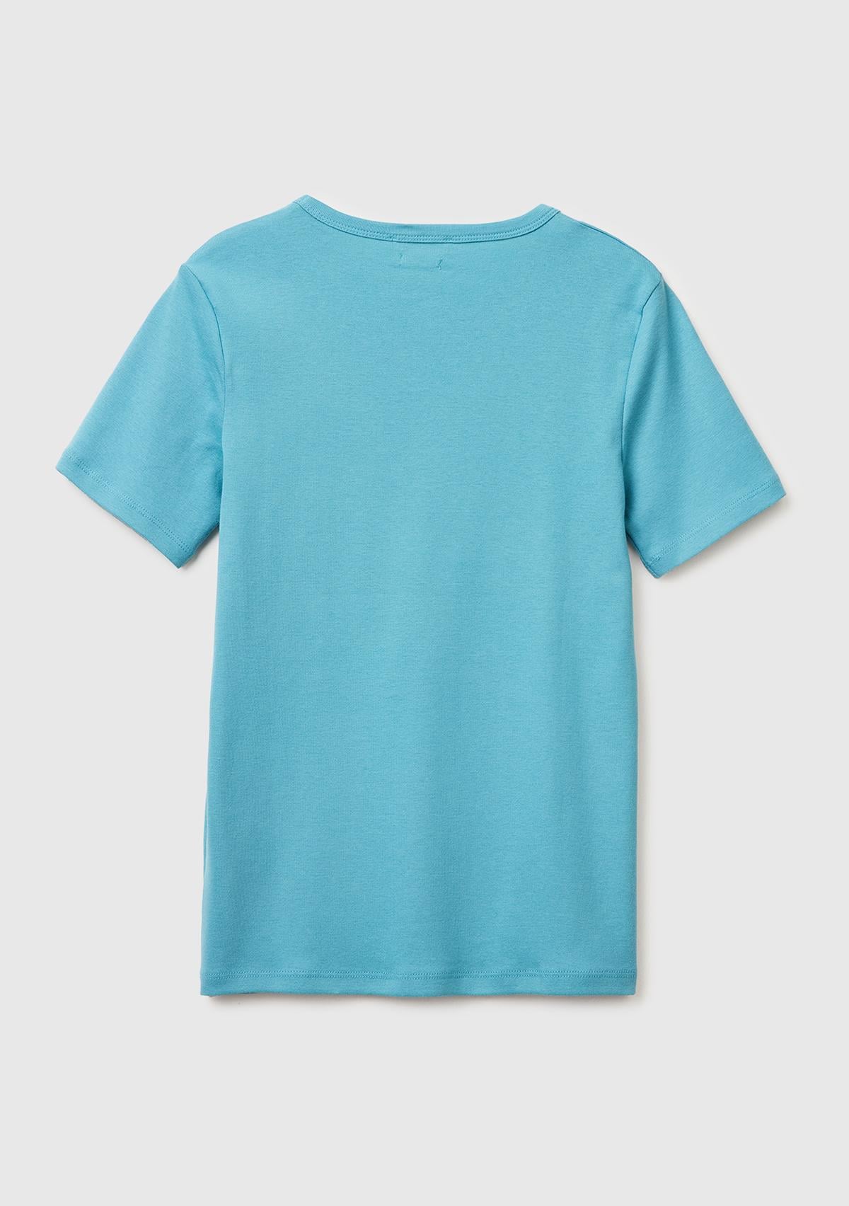 Kadın Mavi %100 Pamuk Logo Baskılı Bisiklet Yaka T-Shirt