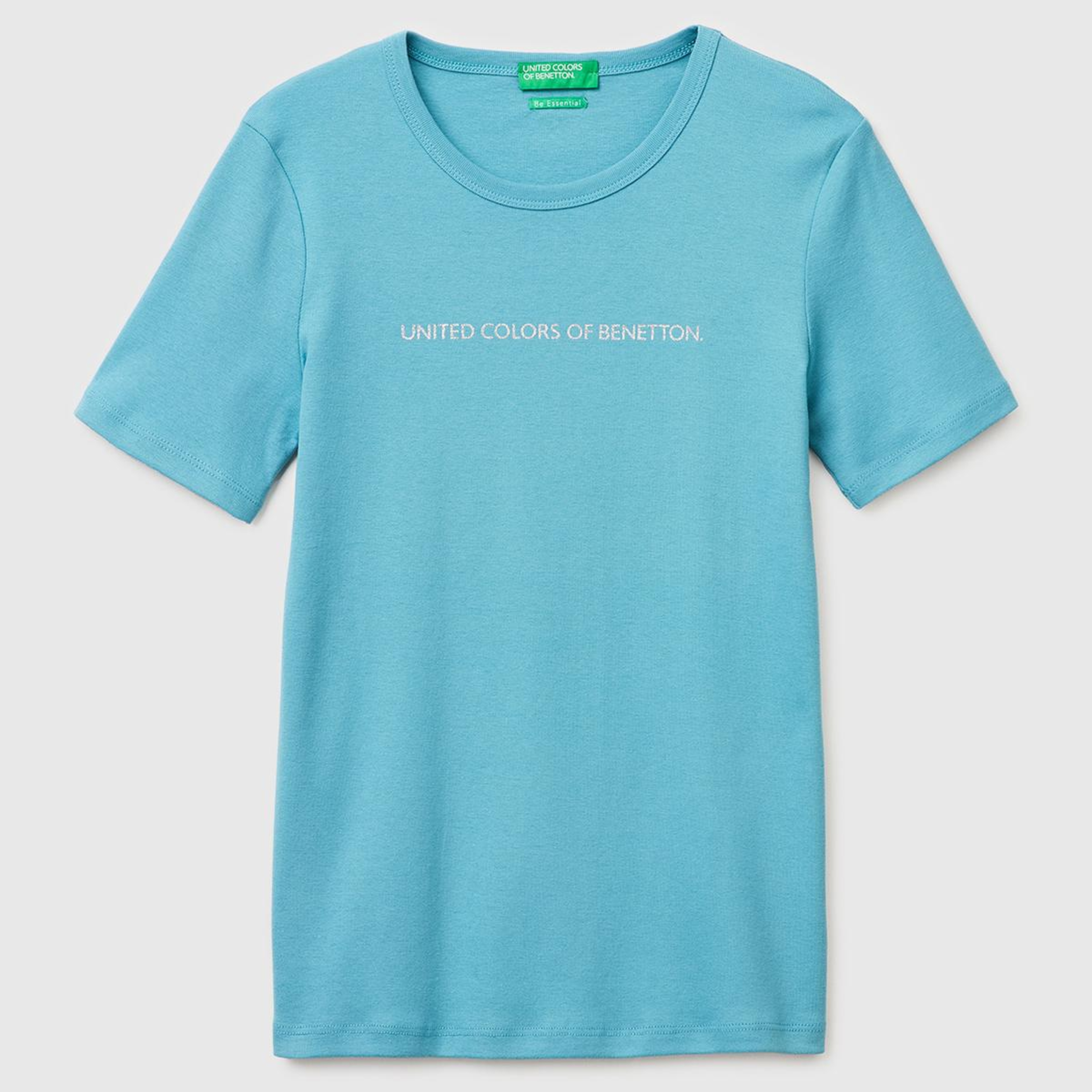 Kadın Mavi %100 Pamuk Logo Baskılı Bisiklet Yaka T-Shirt