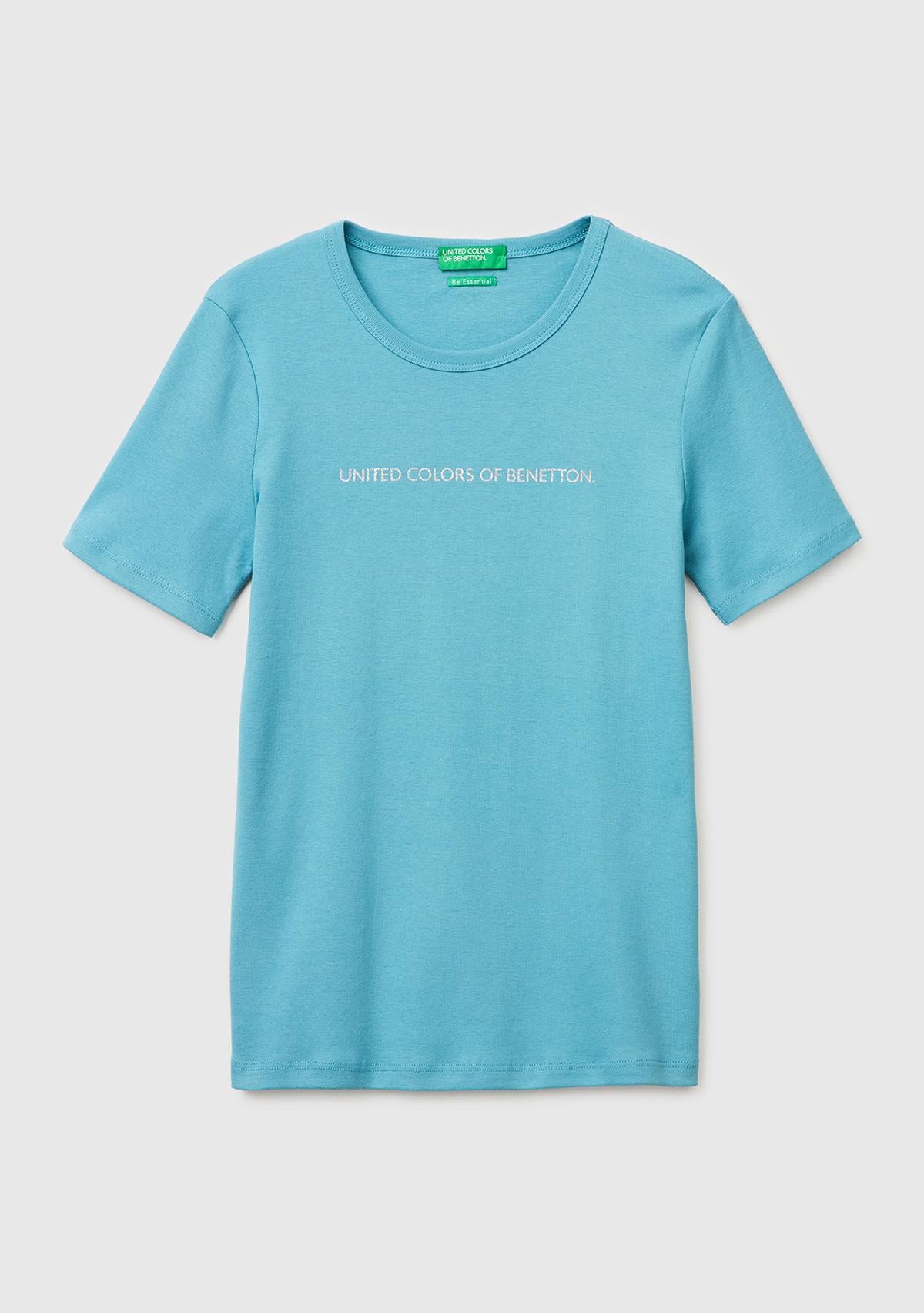 Kadın Mavi %100 Pamuk Logo Baskılı Bisiklet Yaka T-Shirt