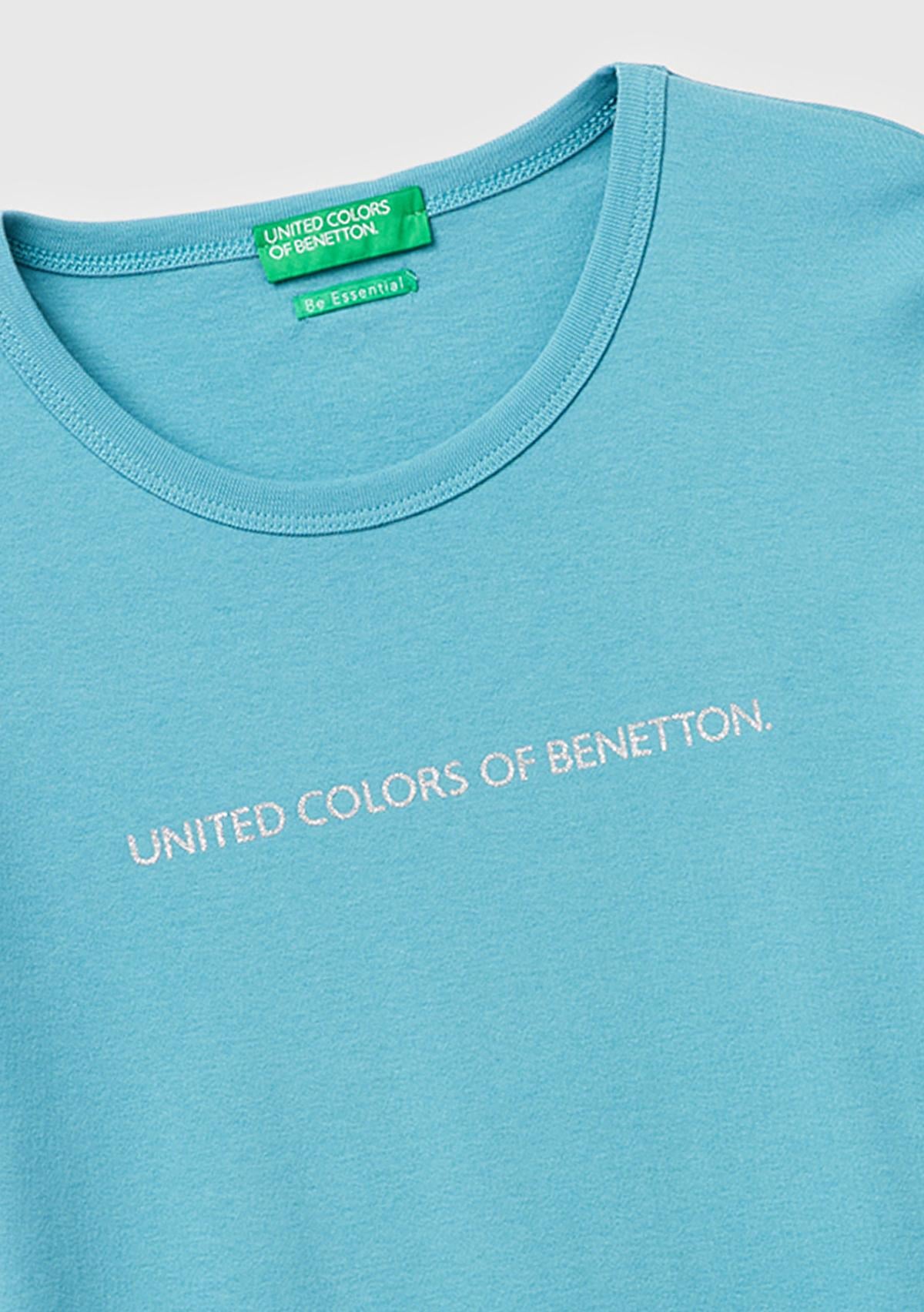 Kadın Mavi %100 Pamuk Logo Baskılı Bisiklet Yaka T-Shirt