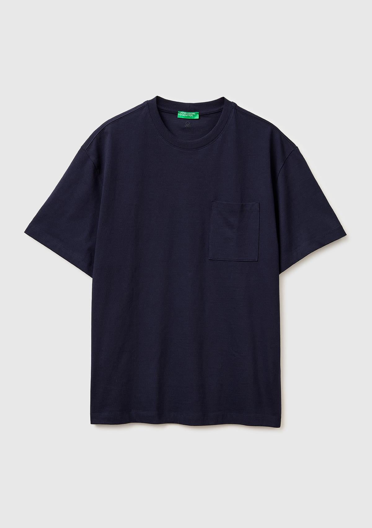 Erkek Lacivert %100 Pamuk Cepli Arkası Logo Nakışlı Bisiklet Yaka T-Shirt