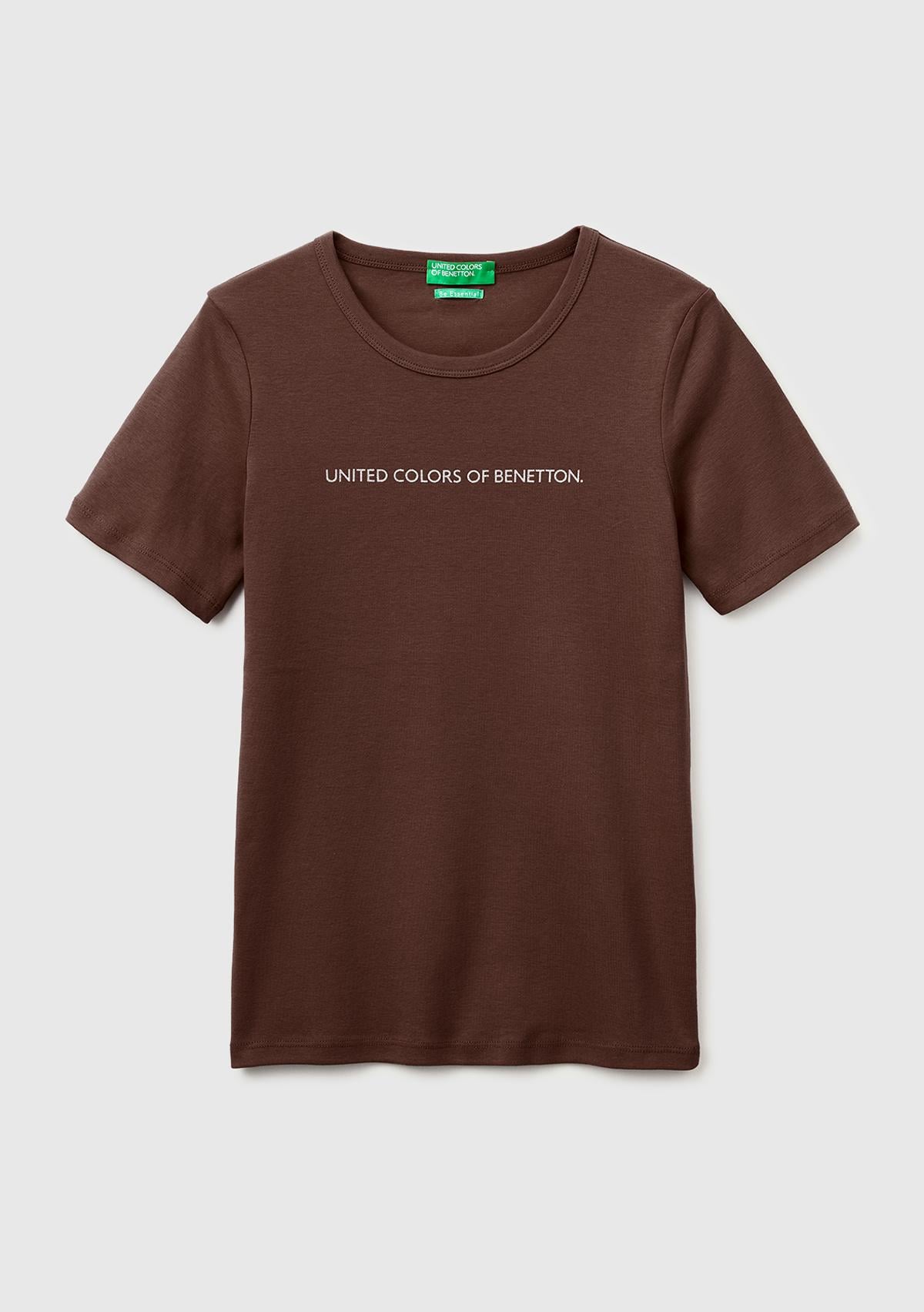 Kadın Kahverengi %100 Pamuk Logo Baskılı Bisiklet Yaka T-Shirt