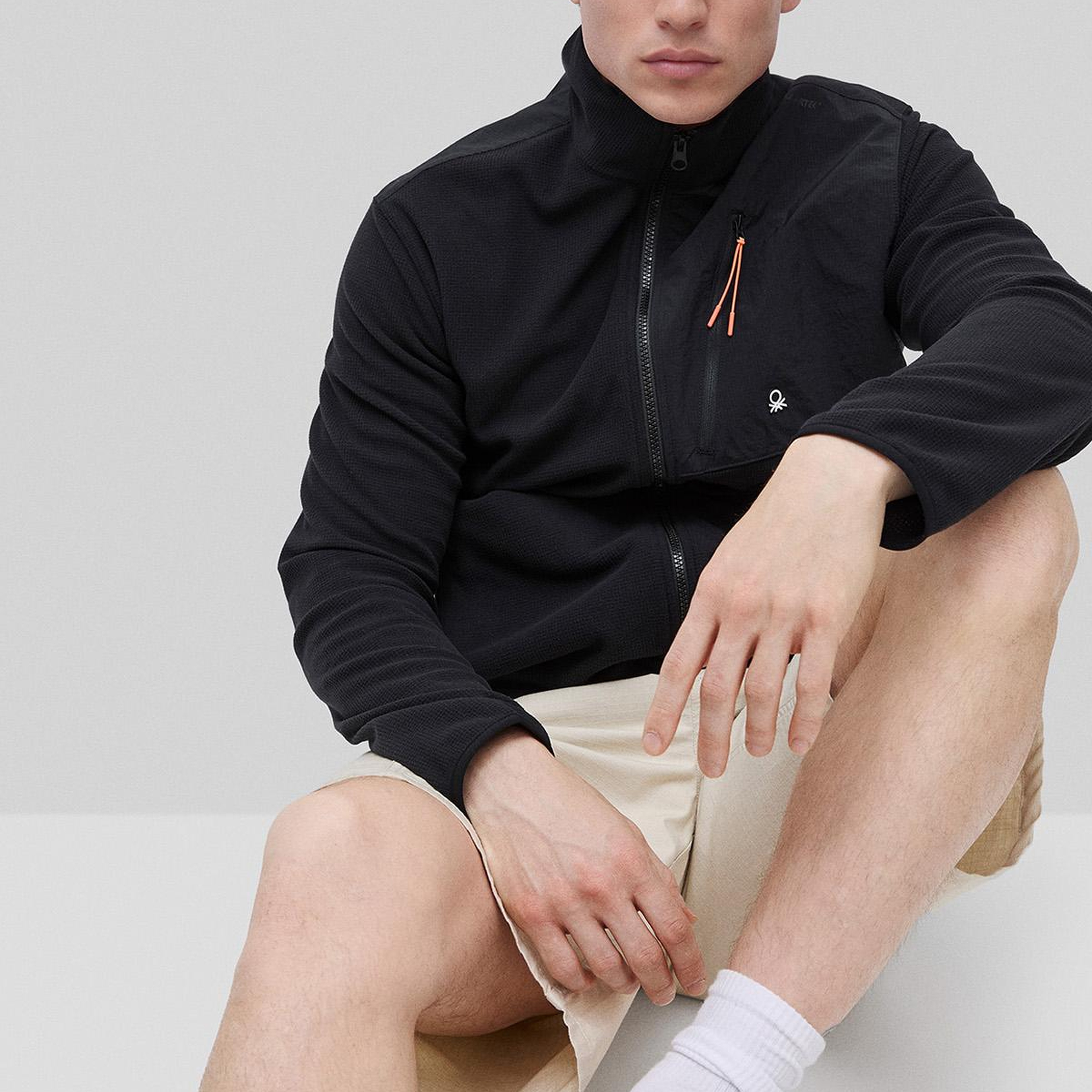 Erkek Siyah  Deri Detaylı Logolu Fermuarlı Sweatshirt