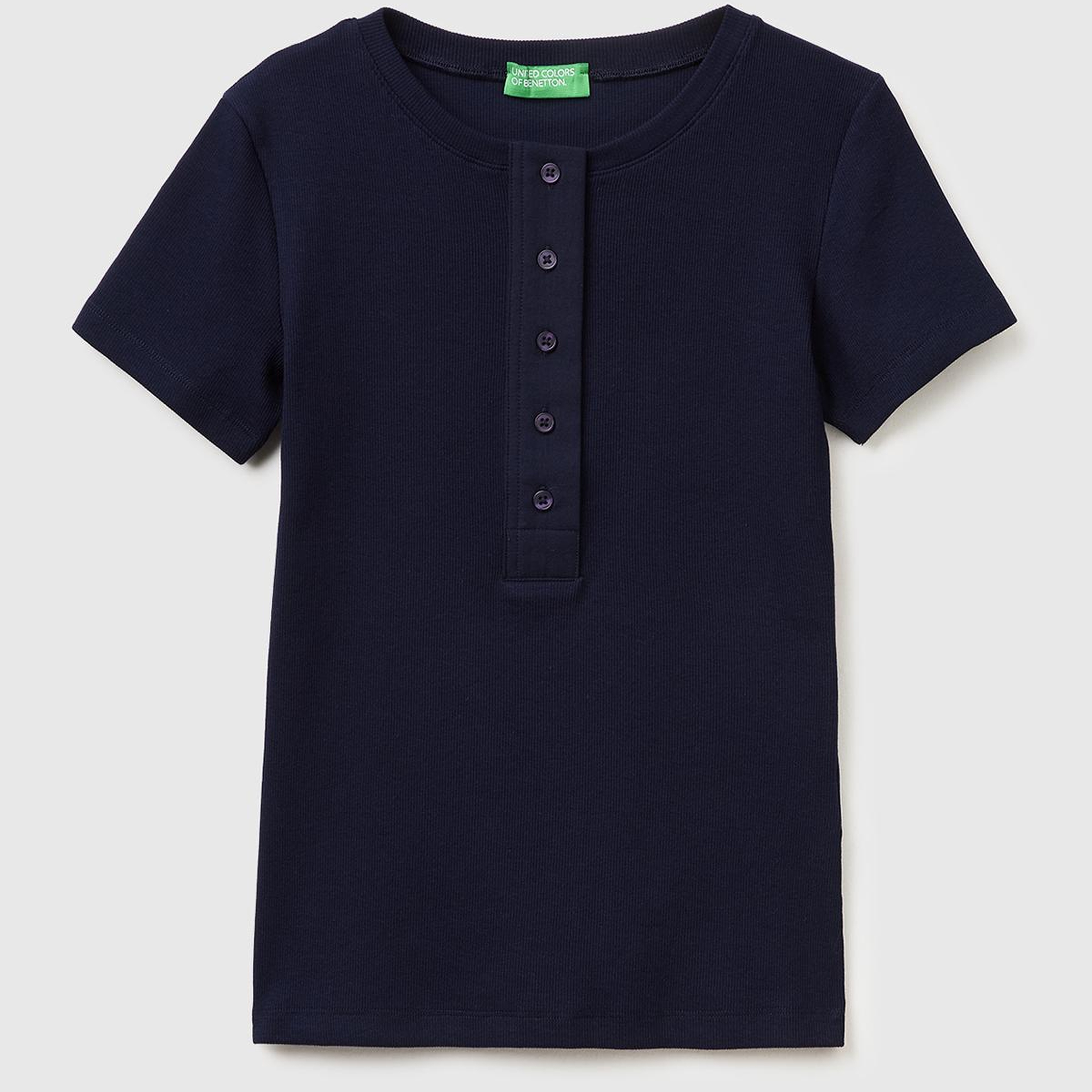 Kadın Lacivert Pamuk Karışımlı Önü Düğme Detaylı Yuvarlak Yaka T-Shirt