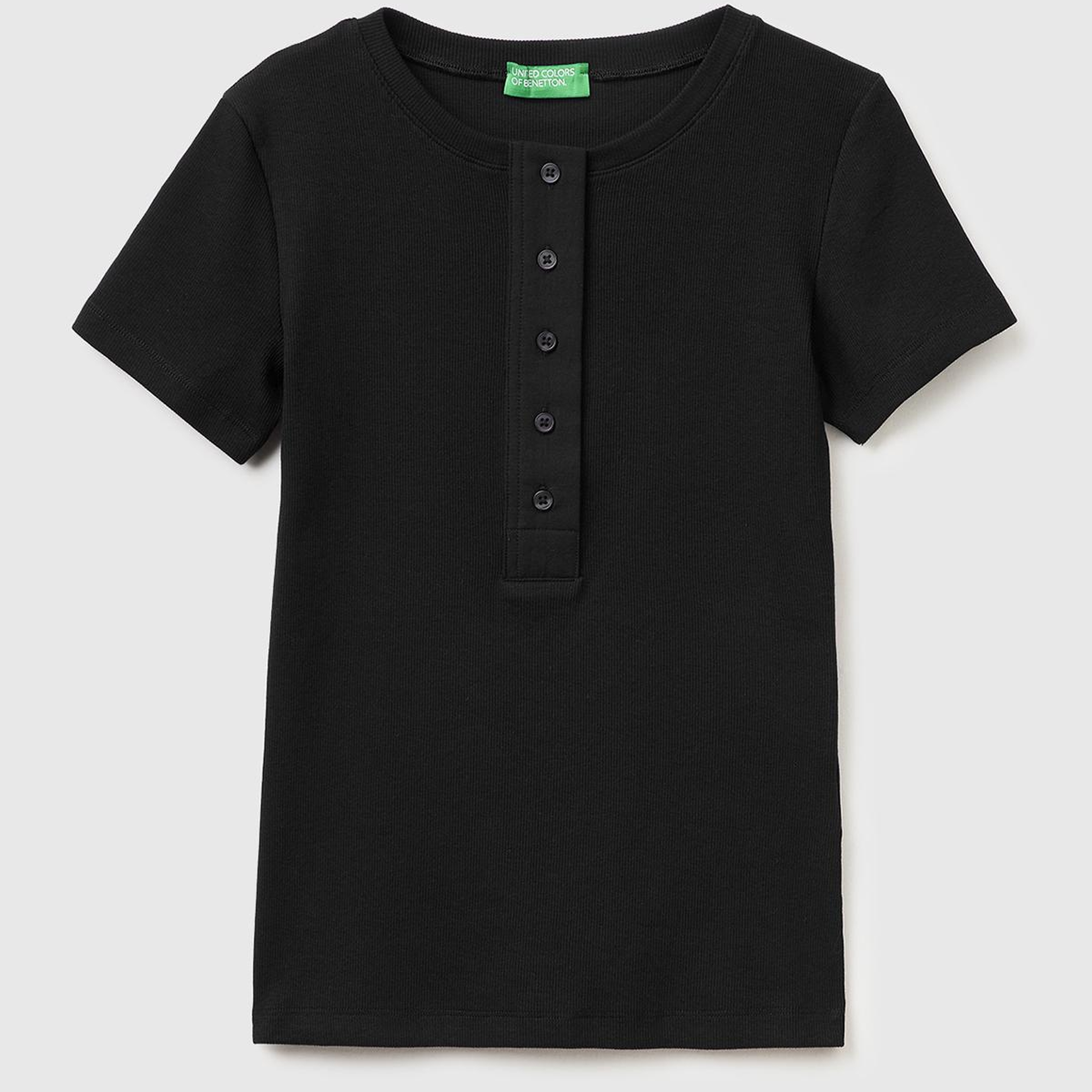 Kadın Siyah Pamuk Karışımlı Önü Düğme Detaylı Yuvarlak Yaka T-Shirt