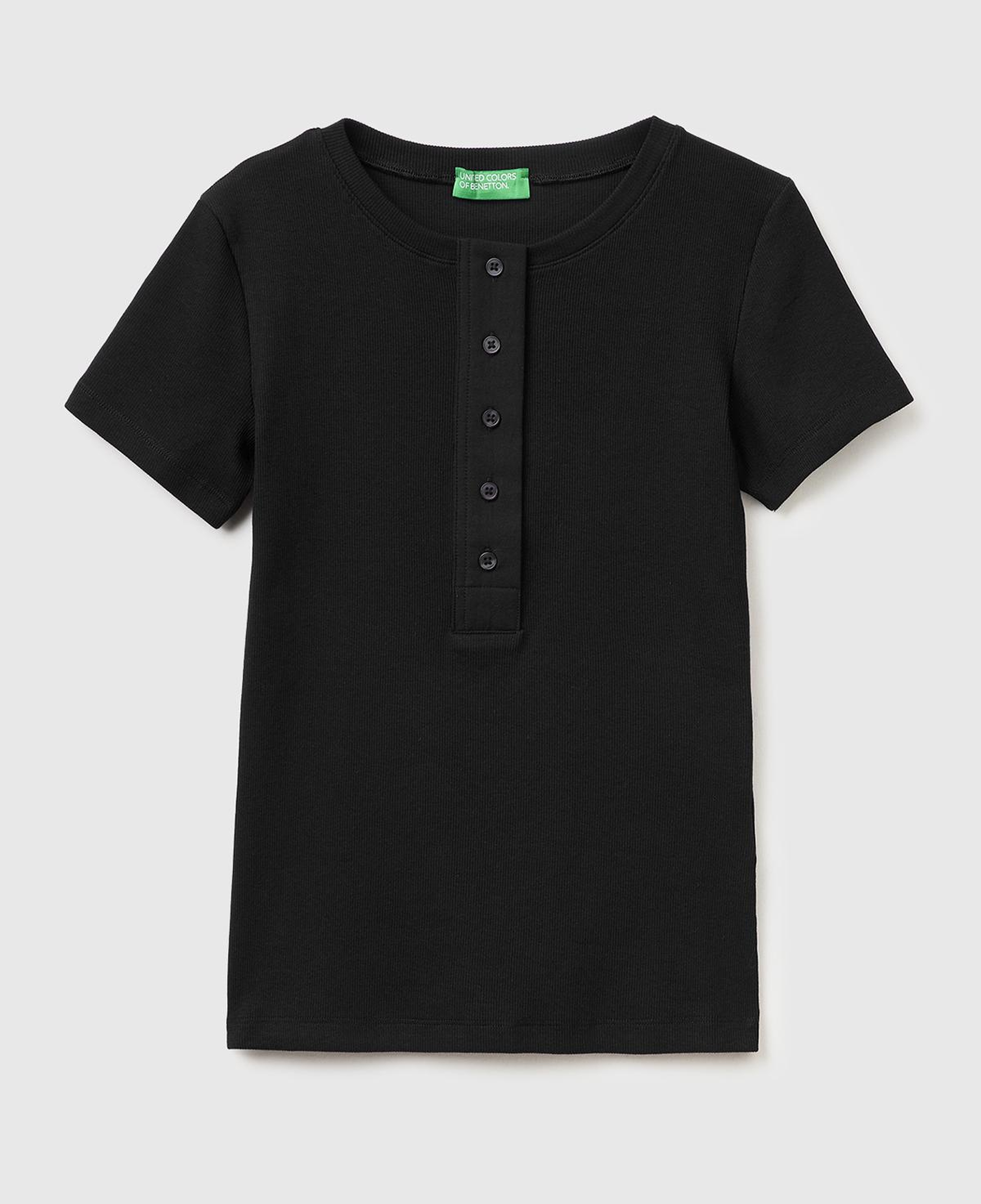 Kadın Siyah Pamuk Karışımlı Önü Düğme Detaylı Yuvarlak Yaka T-Shirt