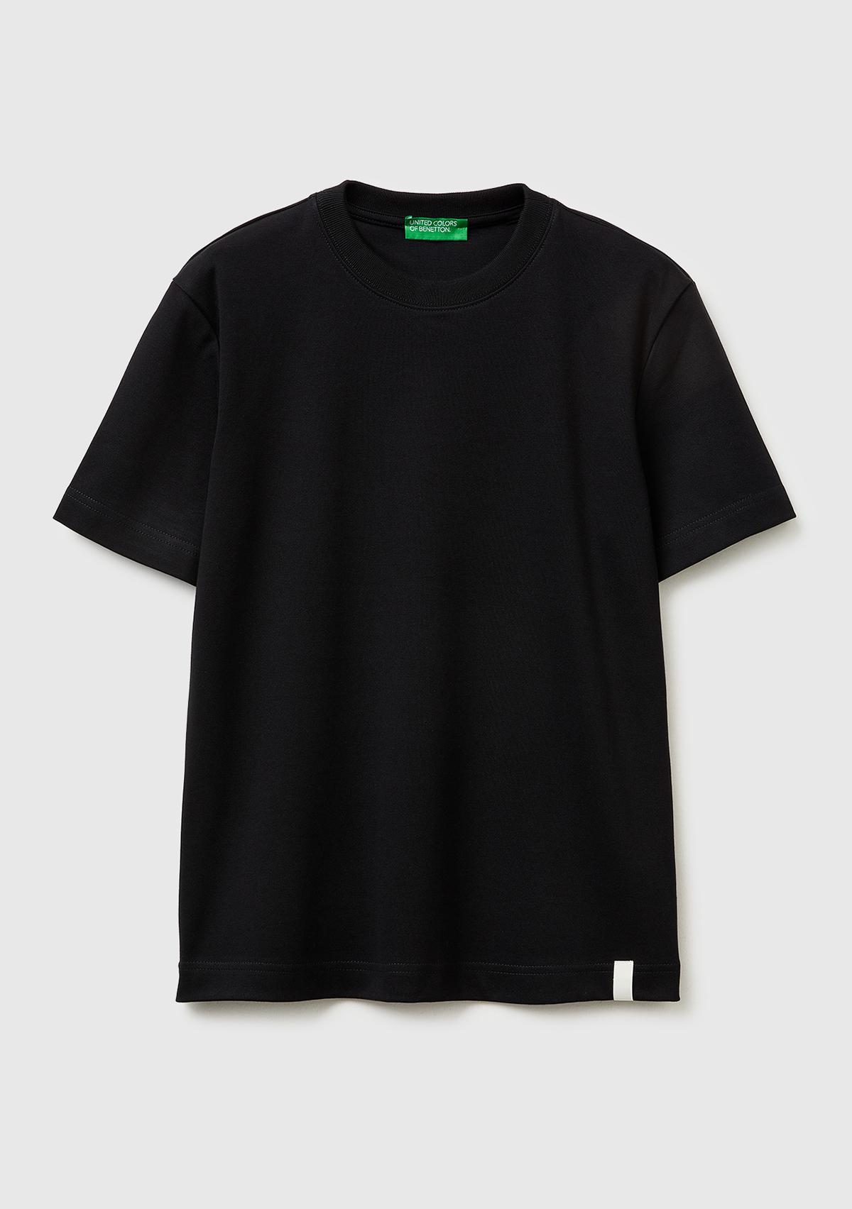 Kadın Siyah %100 Pamuk Etek Ucu Logo Detaylı Bisiklet Yaka T-Shirt