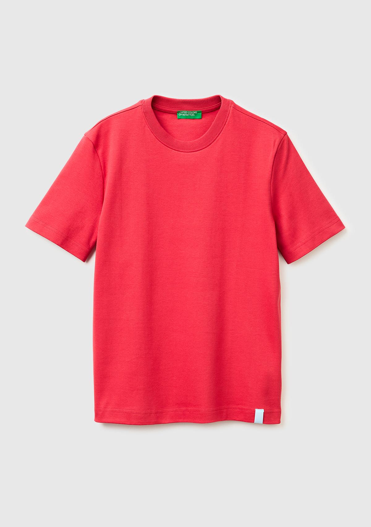 Kadın Kırmızı %100 Pamuk Etek Ucu Logo Detaylı Bisiklet Yaka T-Shirt