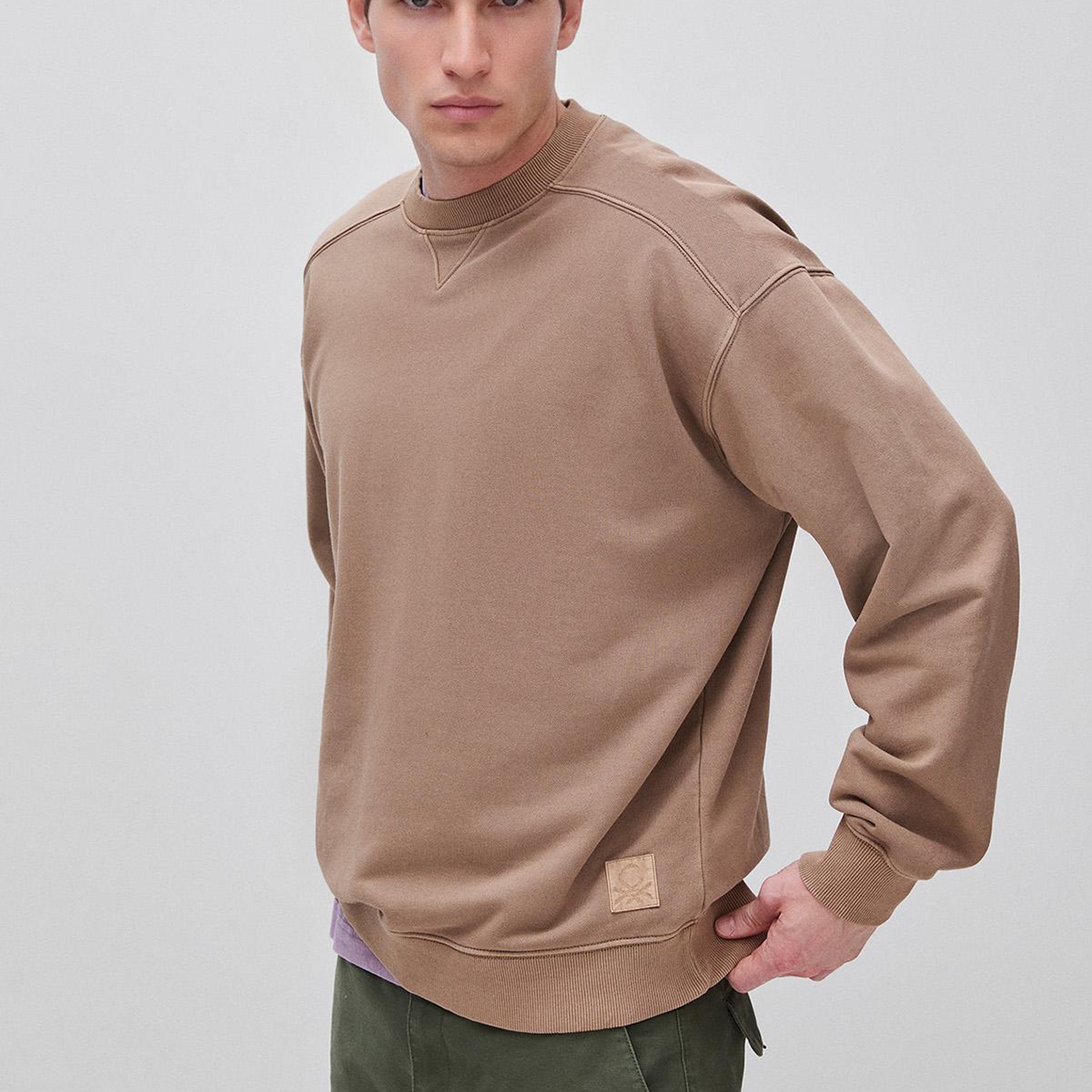 Erkek Taba  Pamuk Karışımlı Logo Detaylı Yuvarlak Yaka Sweatshirt