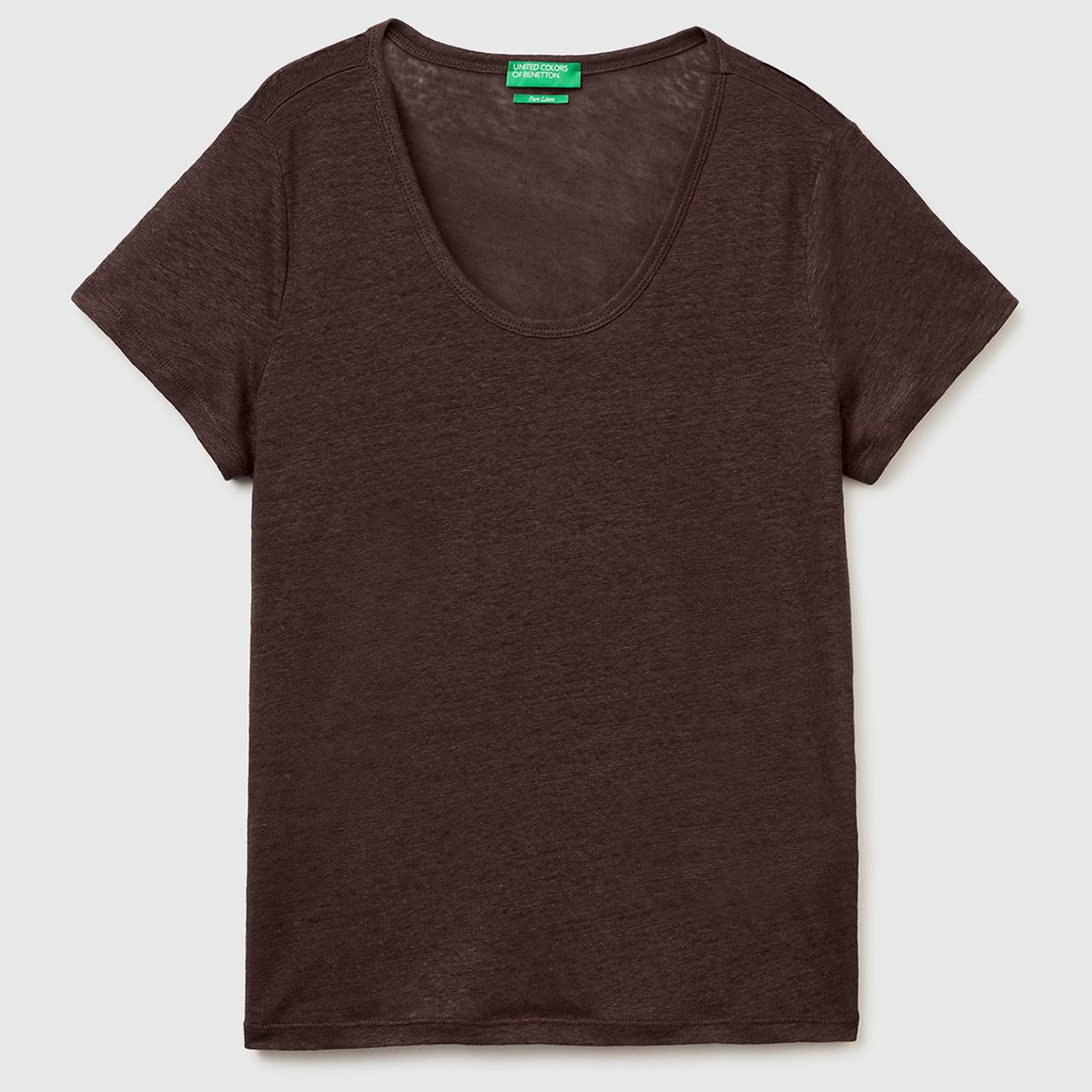Kadın Kahverengi %100 Keten Geniş Yaka Kısa Kollu T-Shirt
