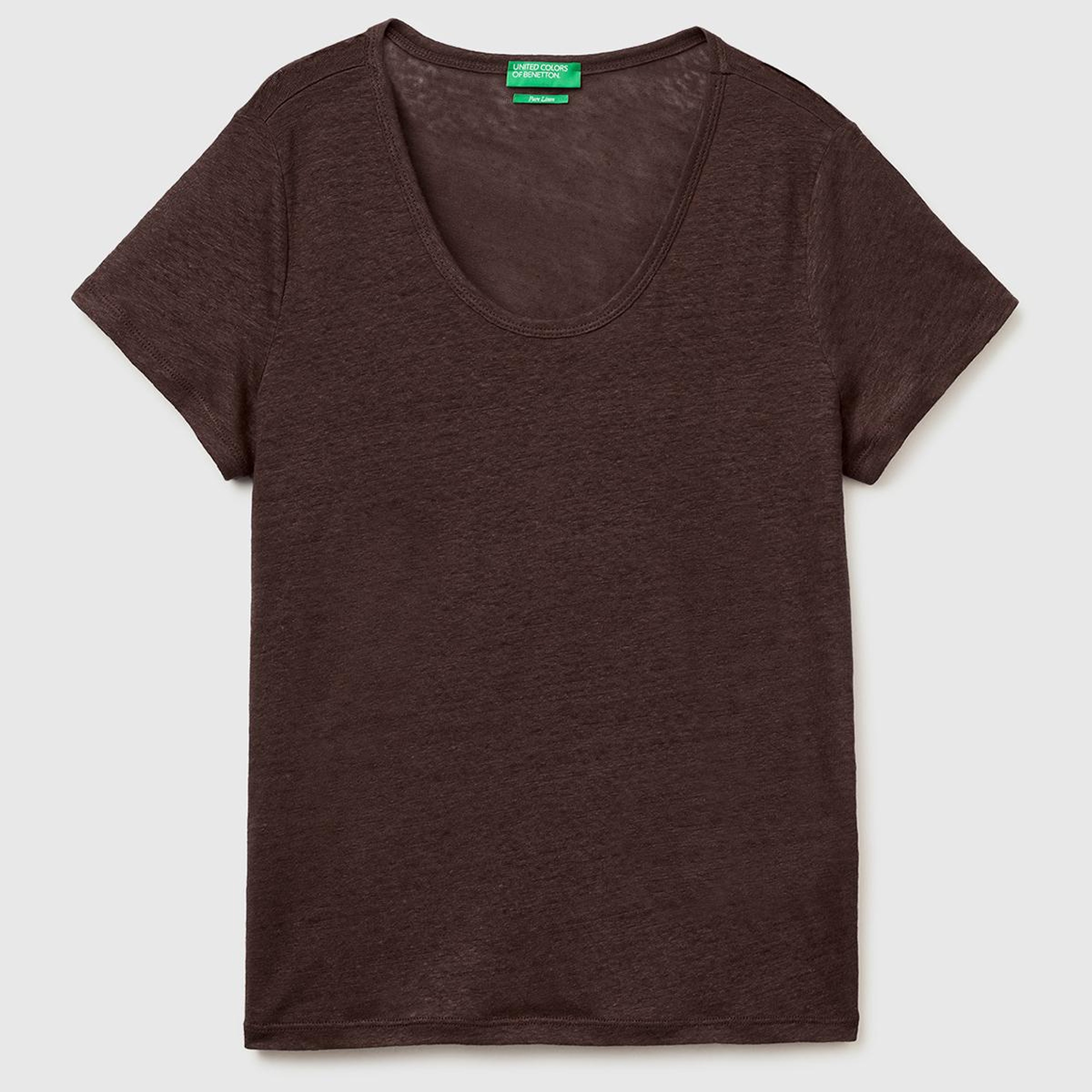 Kadın Kahverengi %100 Keten Geniş Yaka Kısa Kollu T-Shirt