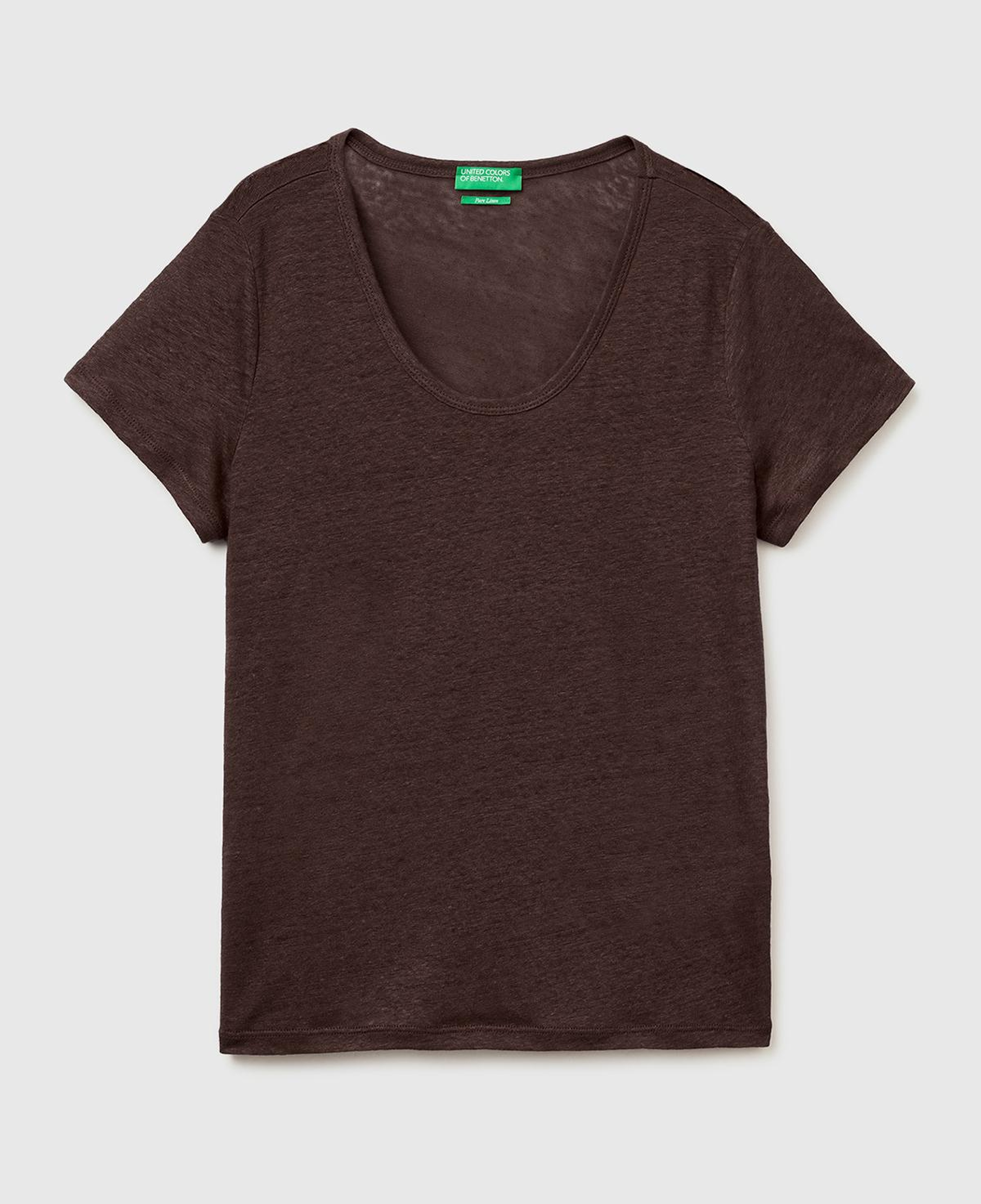 Kadın Kahverengi %100 Keten Geniş Yaka Kısa Kollu T-Shirt