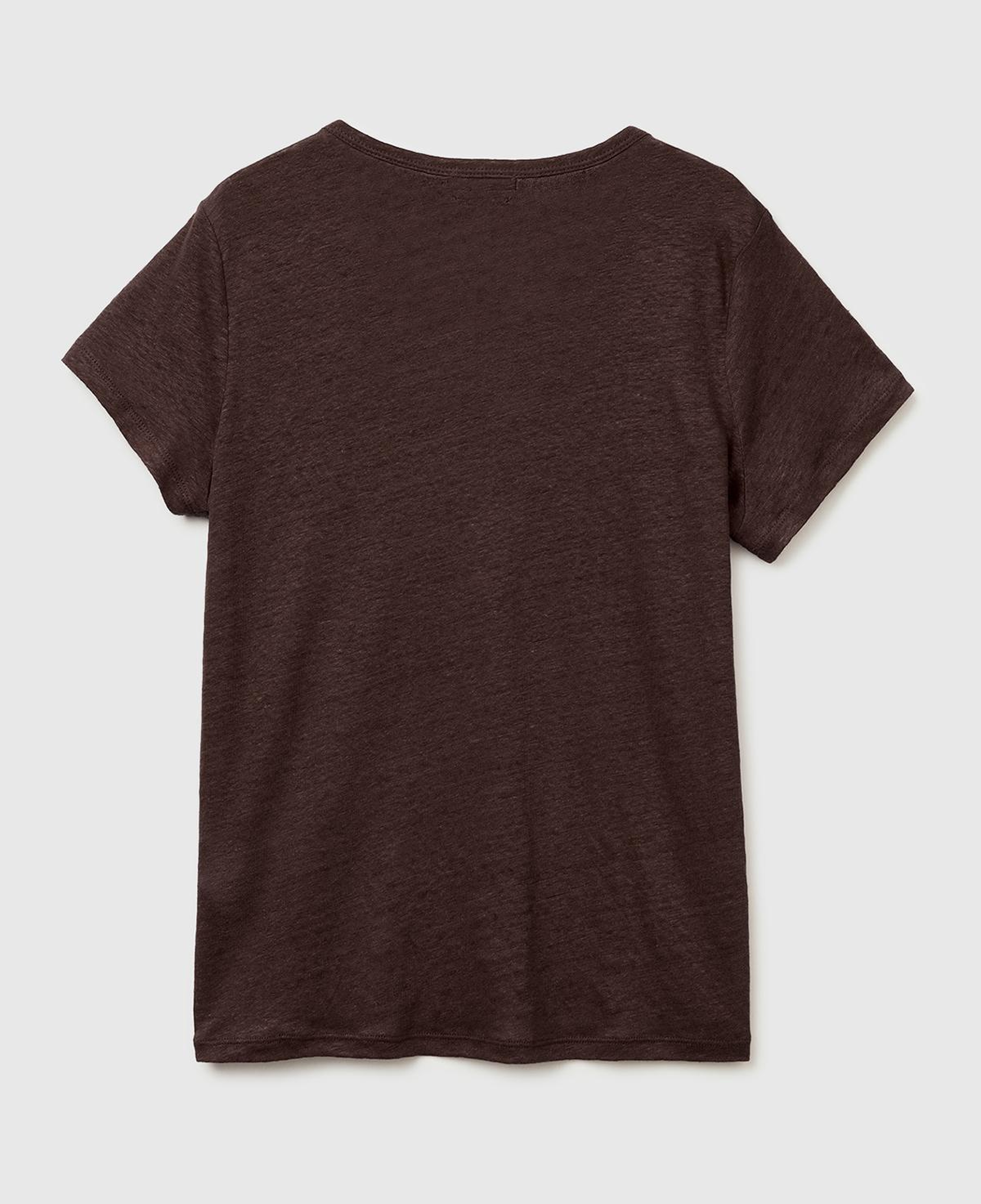 Kadın Kahverengi %100 Keten Geniş Yaka Kısa Kollu T-Shirt
