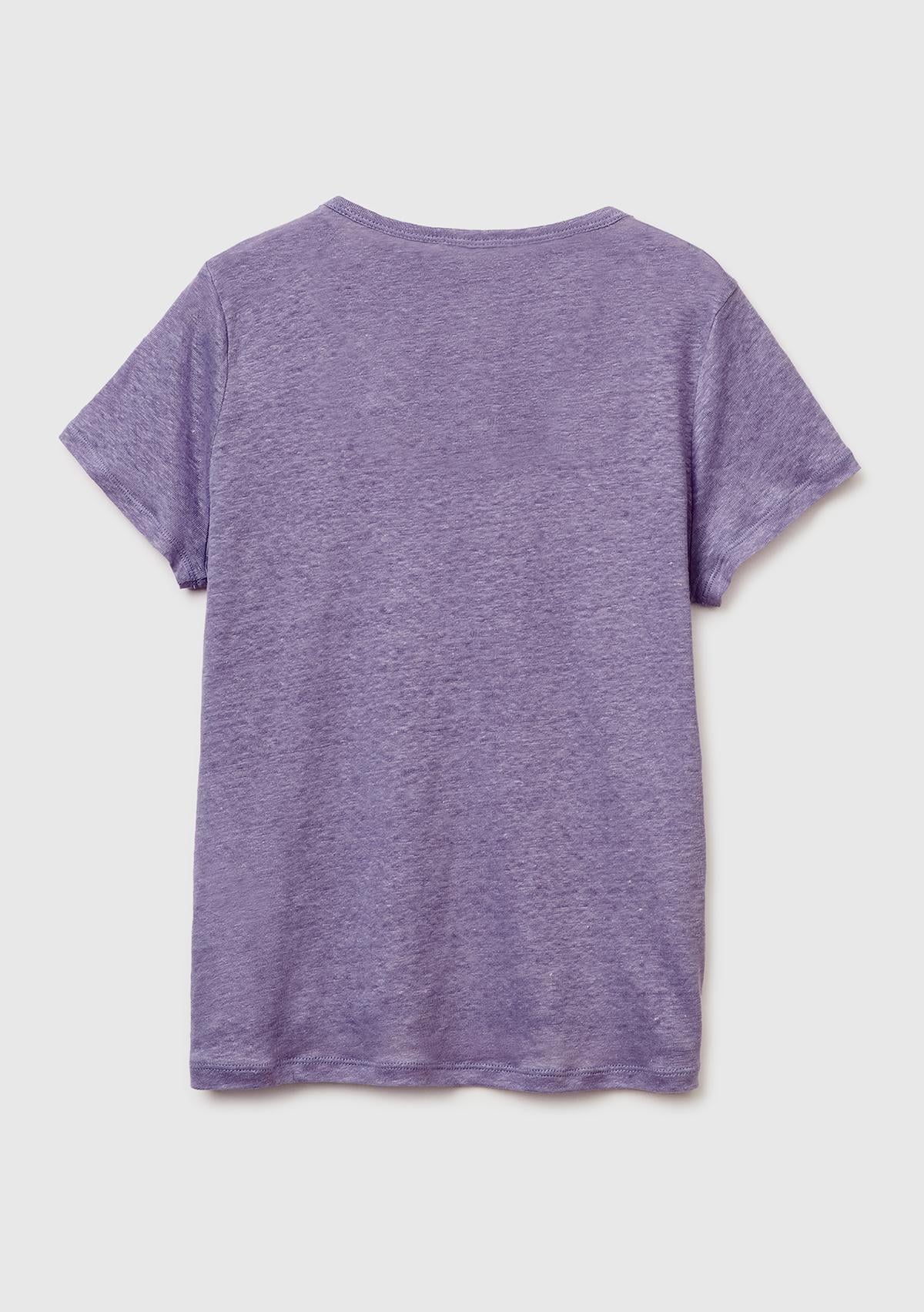Kadın Koyu Gri %100 Keten Geniş Yaka Kısa Kollu T-Shirt