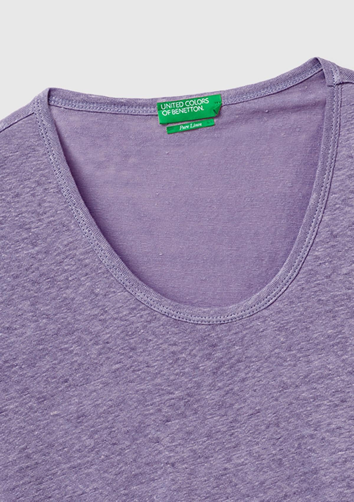 Kadın Koyu Gri %100 Keten Geniş Yaka Kısa Kollu T-Shirt