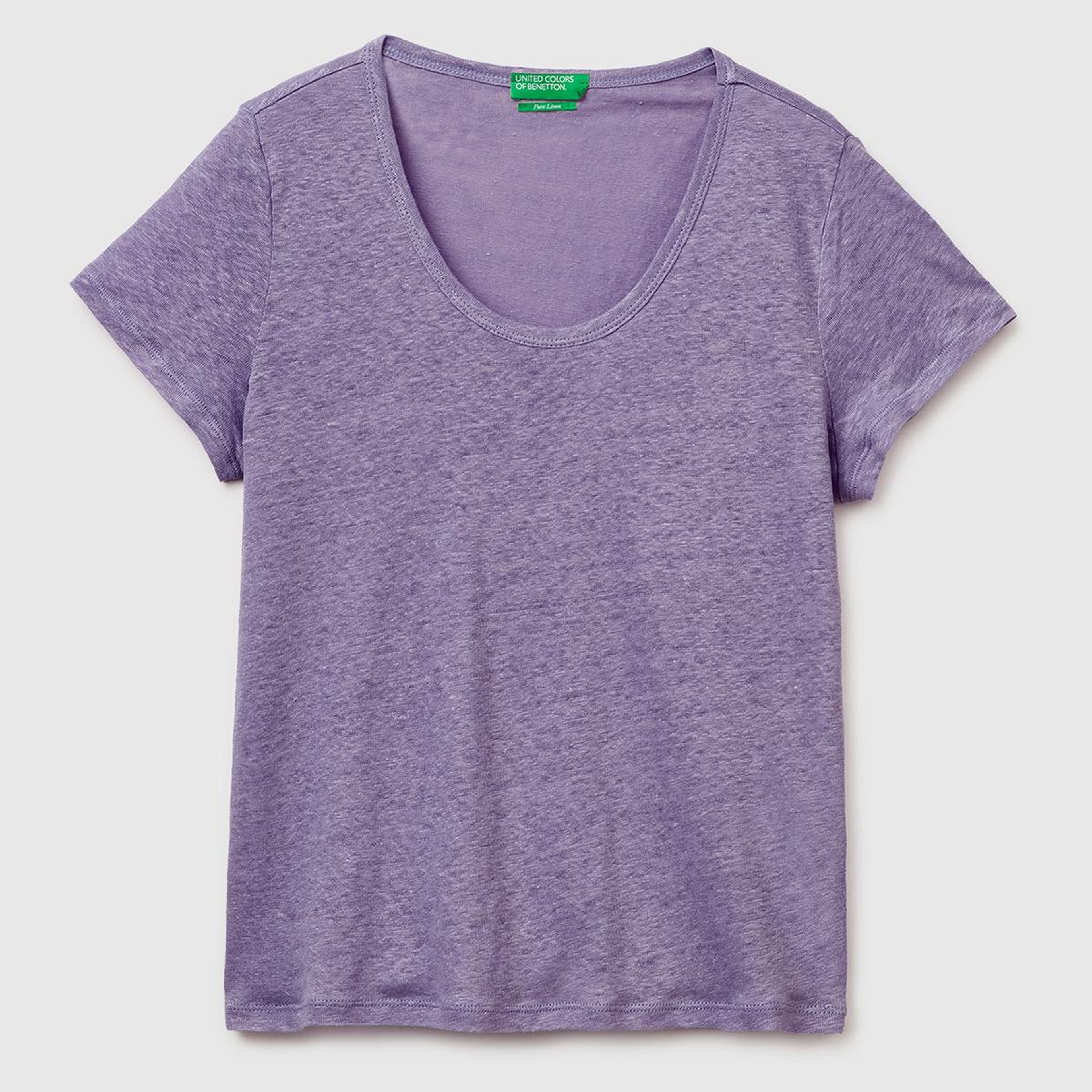Kadın Koyu Gri %100 Keten Geniş Yaka Kısa Kollu T-Shirt