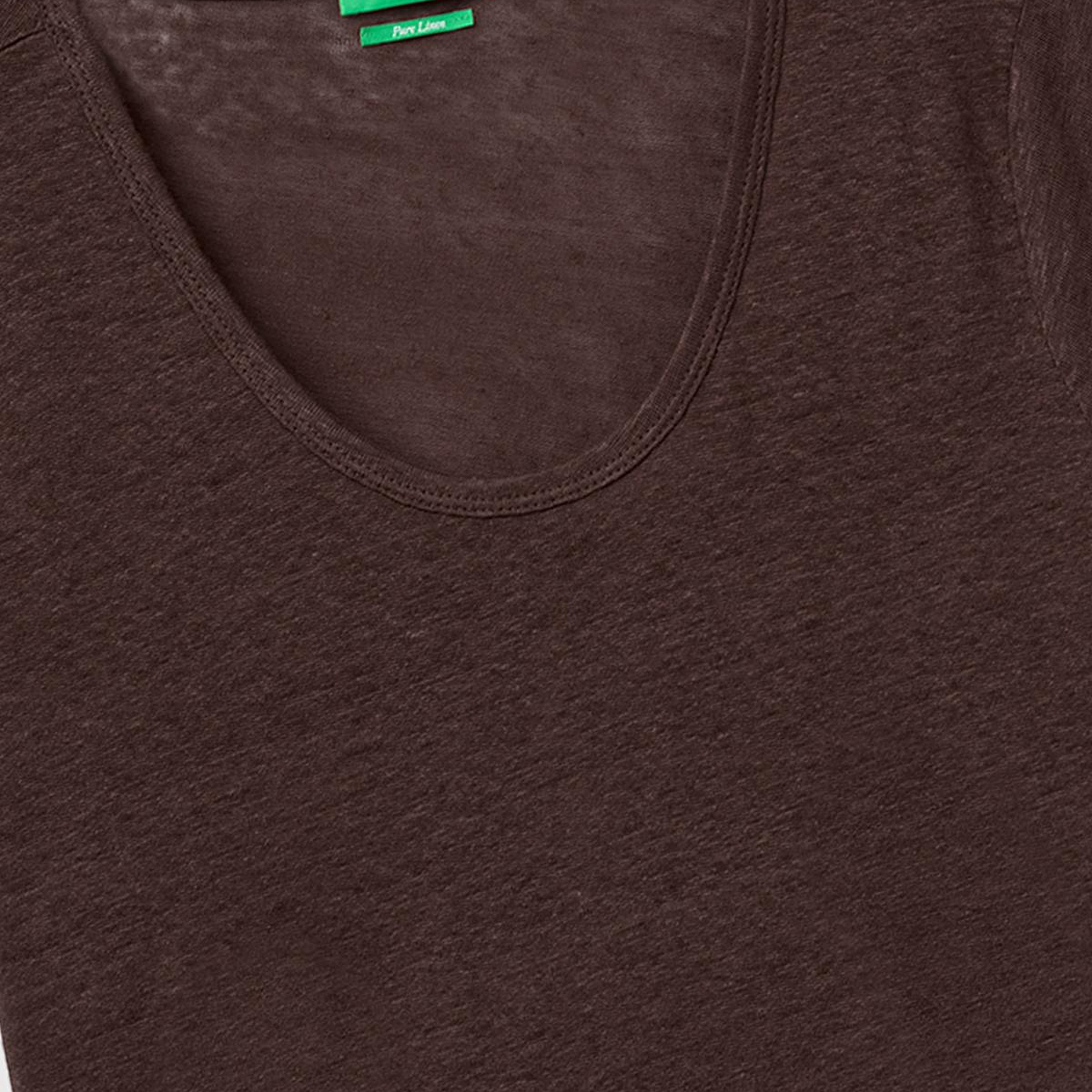 Kadın Kahverengi %100 Keten Geniş Yaka Kısa Kollu T-Shirt
