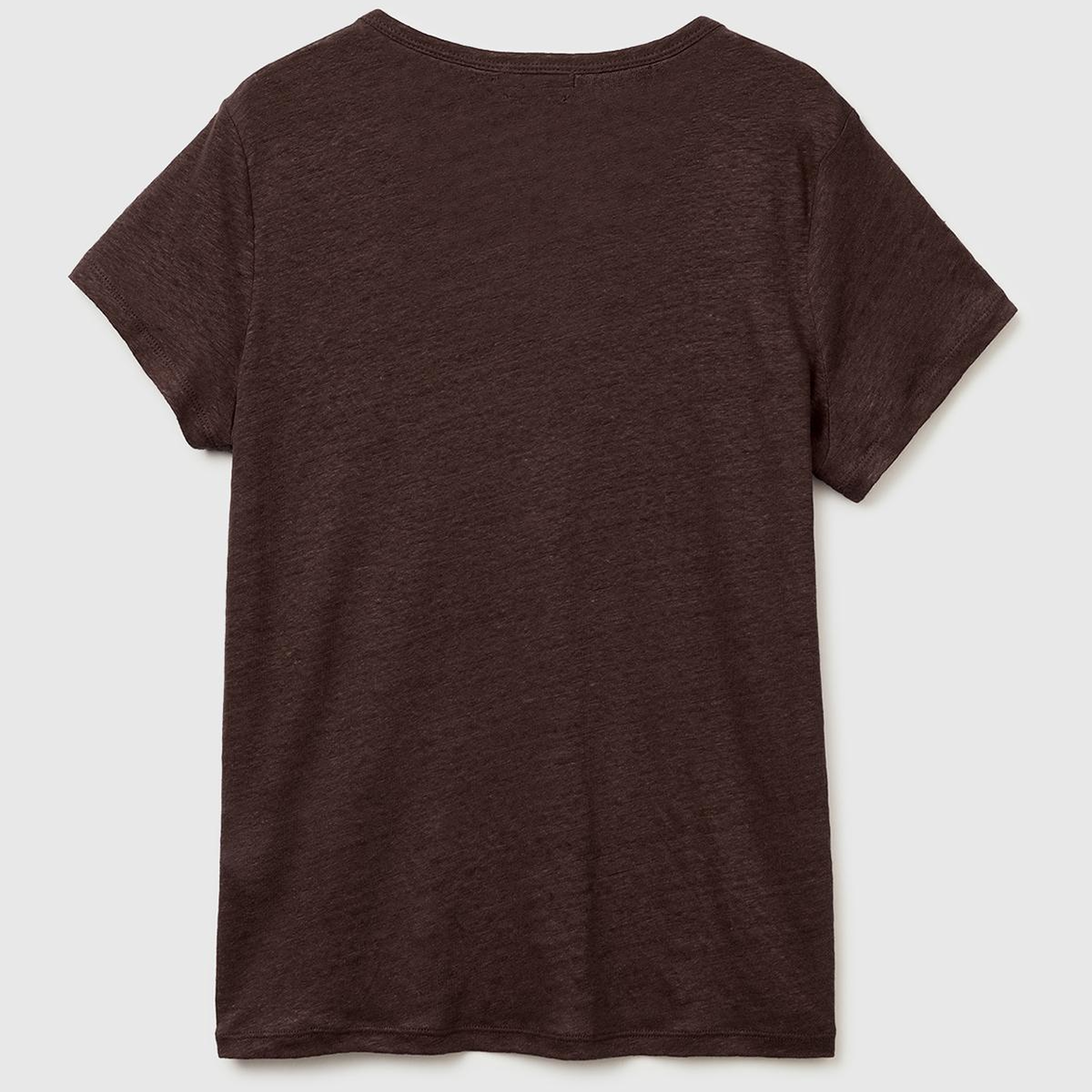 Kadın Kahverengi %100 Keten Geniş Yaka Kısa Kollu T-Shirt