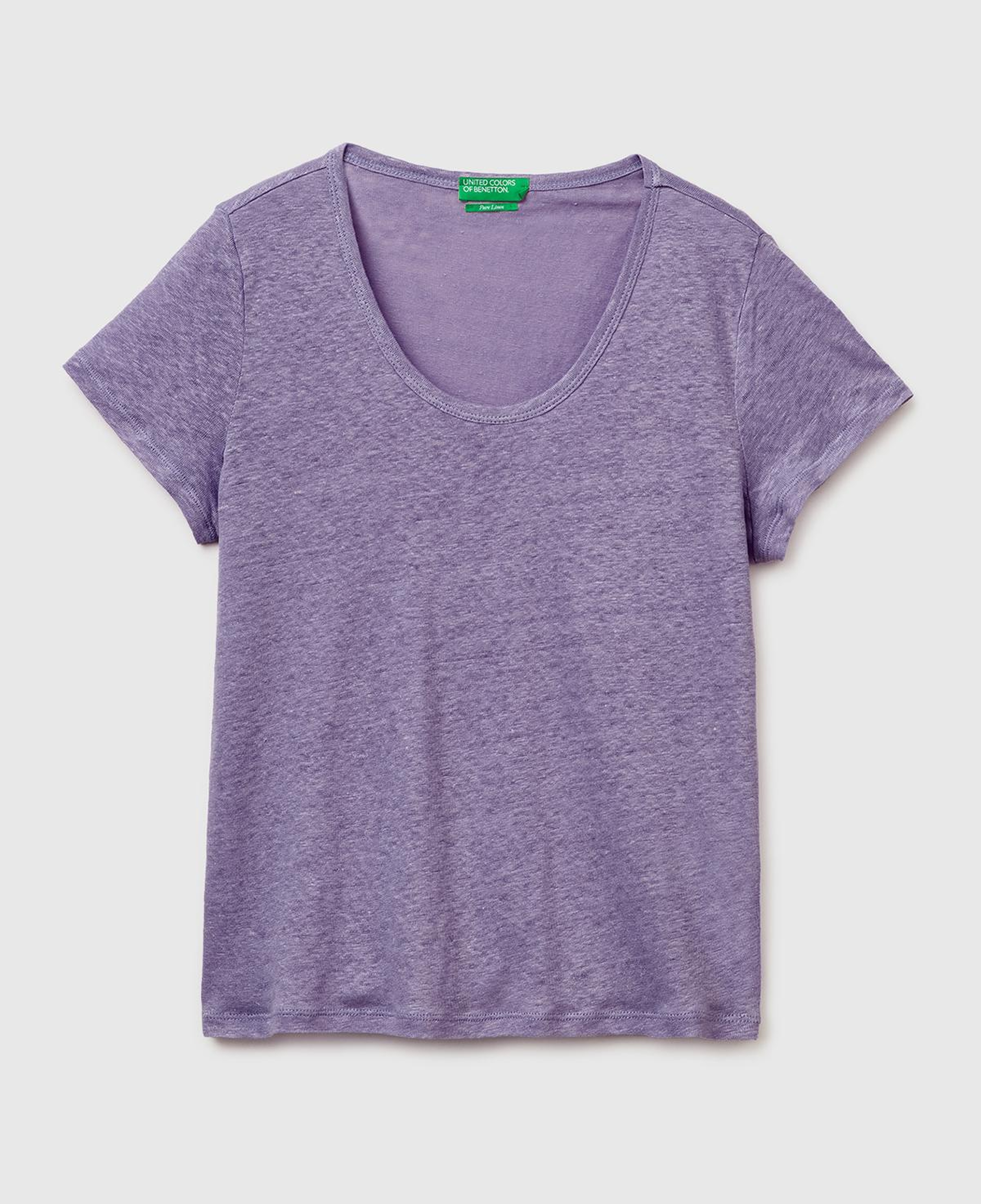 Kadın Koyu Gri %100 Keten Geniş Yaka Kısa Kollu T-Shirt