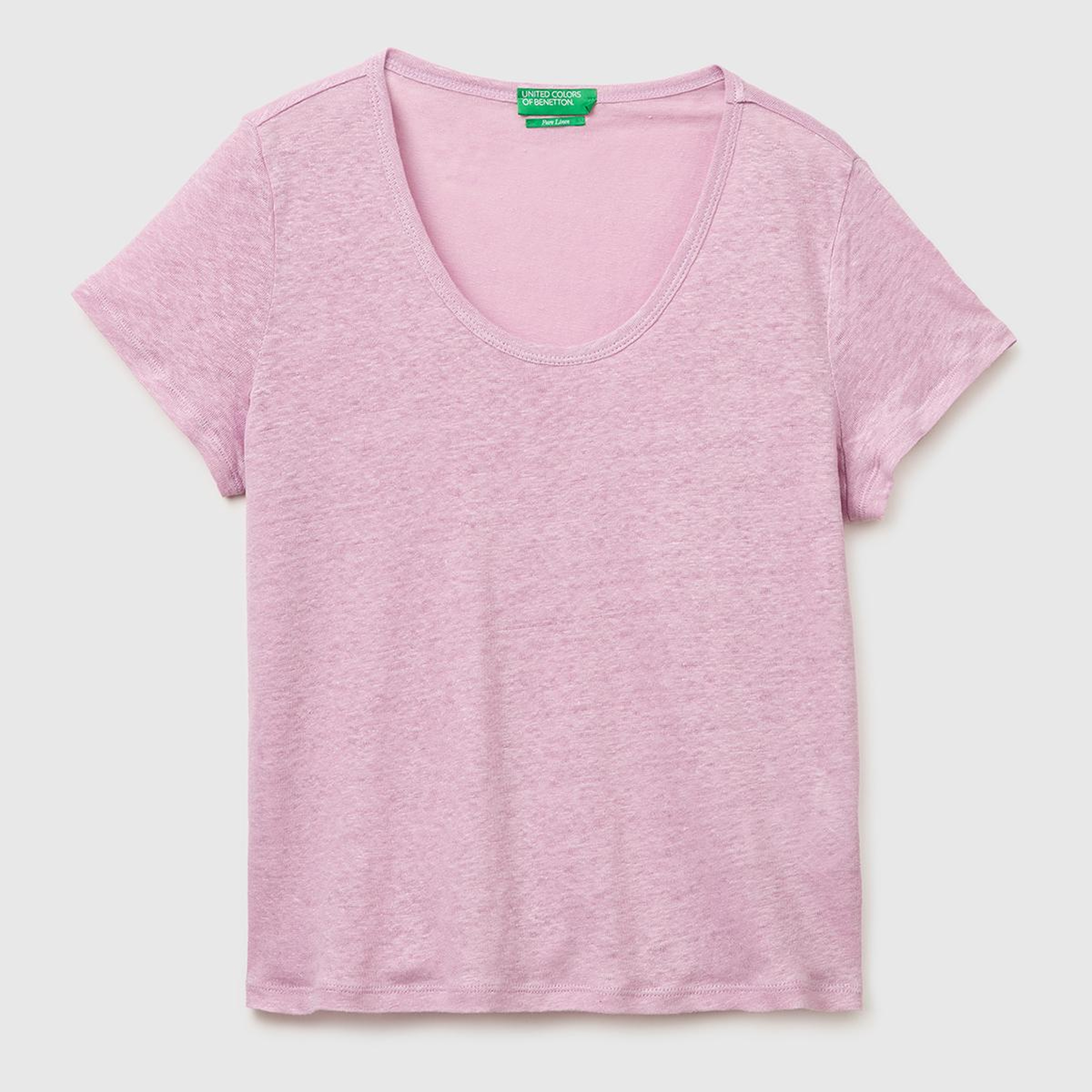 Kadın Açık Pembe %100 Keten Geniş Yaka Kısa Kollu T-Shirt