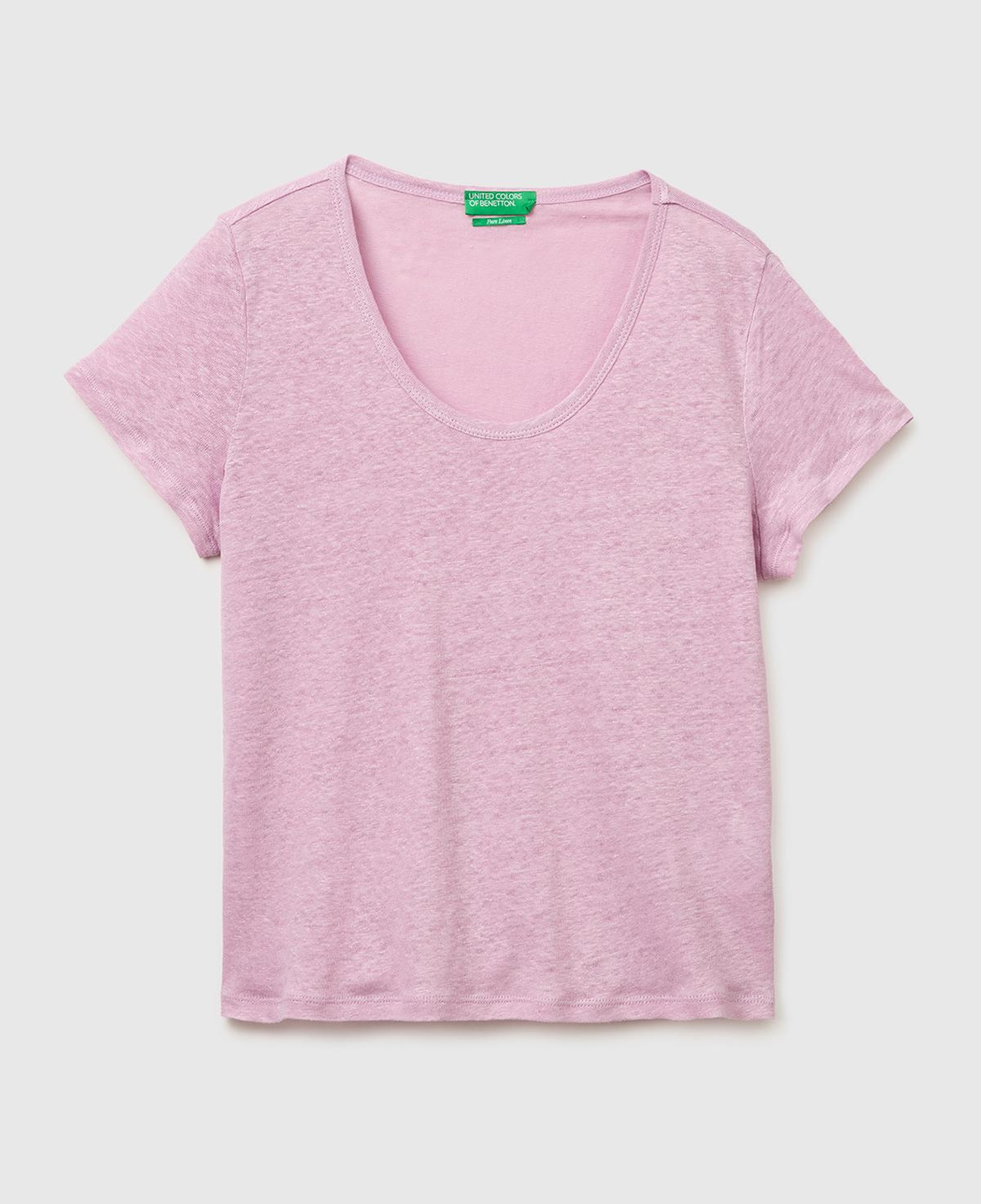 Kadın Açık Pembe %100 Keten Geniş Yaka Kısa Kollu T-Shirt