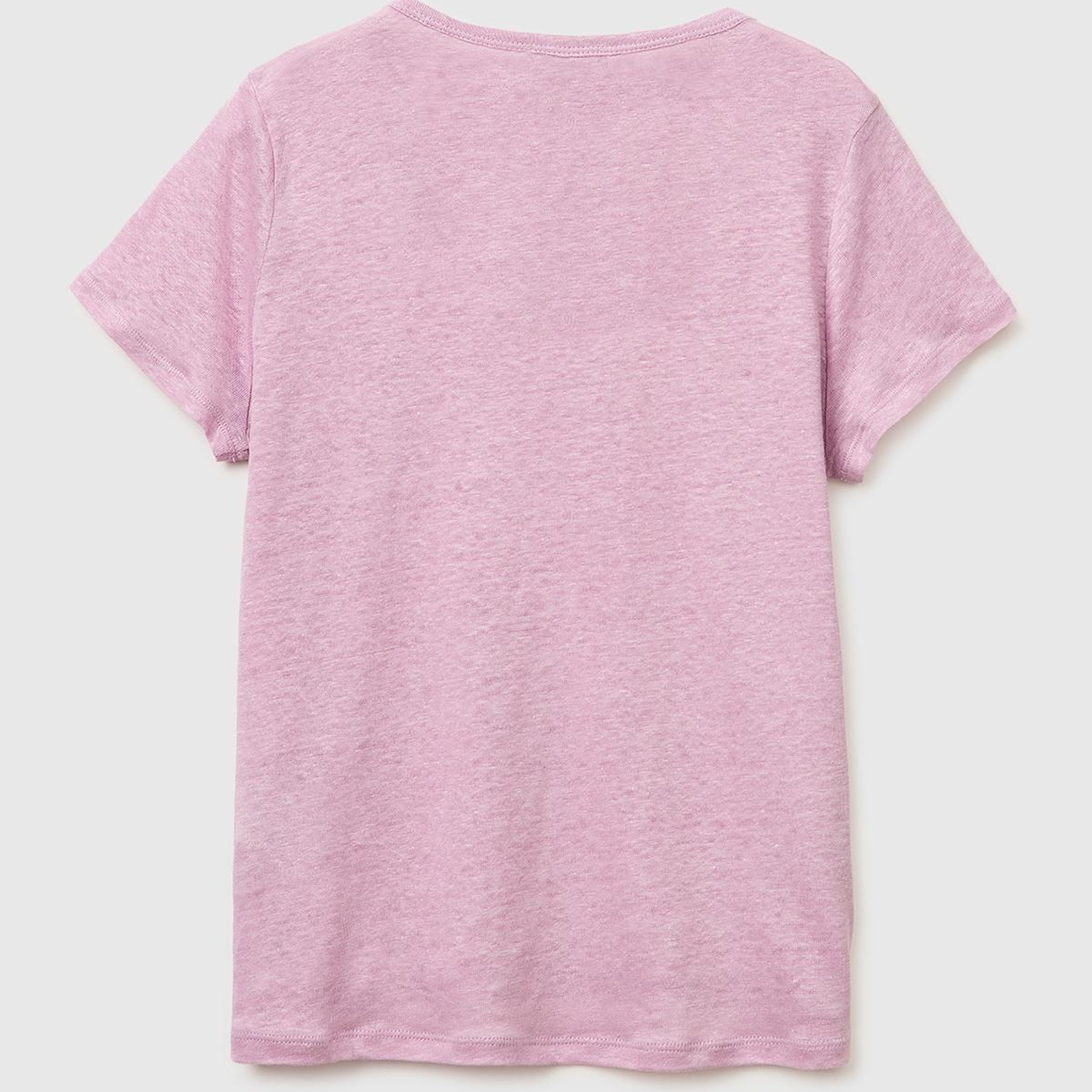 Kadın Açık Pembe %100 Keten Geniş Yaka Kısa Kollu T-Shirt