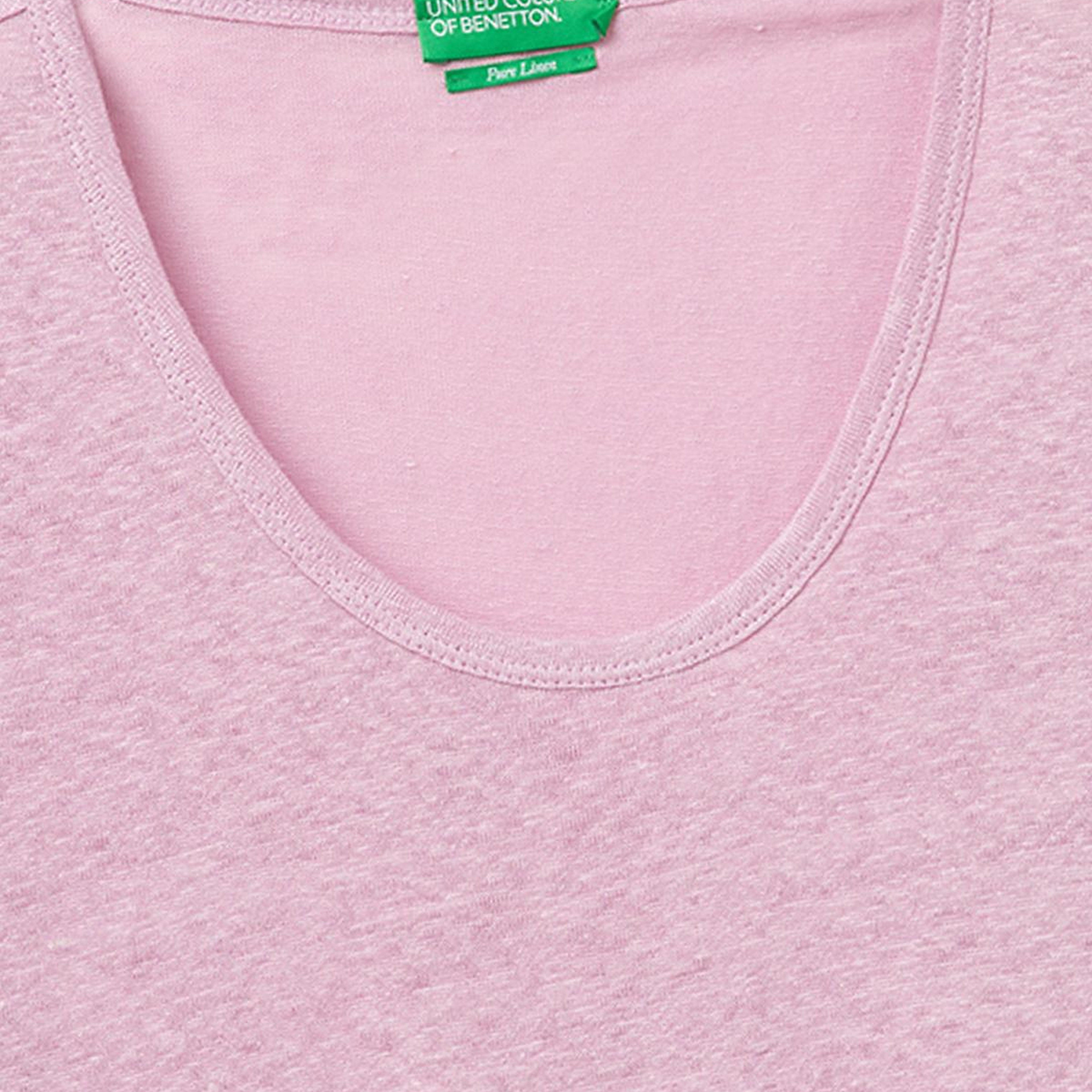 Kadın Açık Pembe %100 Keten Geniş Yaka Kısa Kollu T-Shirt