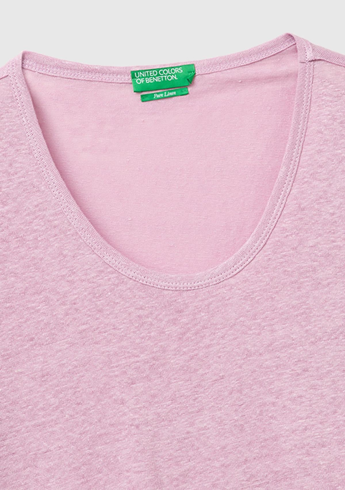 Kadın Açık Pembe %100 Keten Geniş Yaka Kısa Kollu T-Shirt
