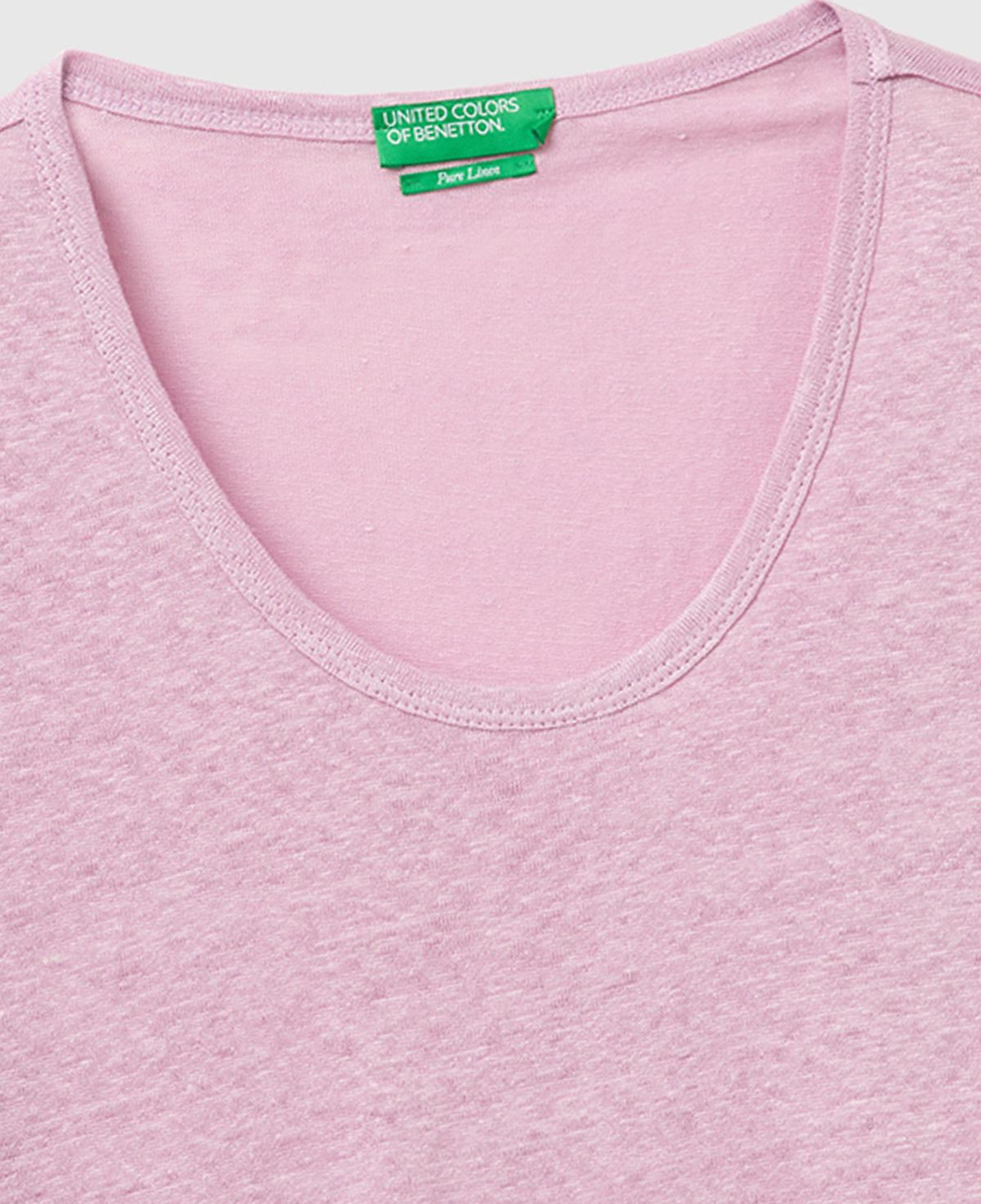 Kadın Açık Pembe %100 Keten Geniş Yaka Kısa Kollu T-Shirt