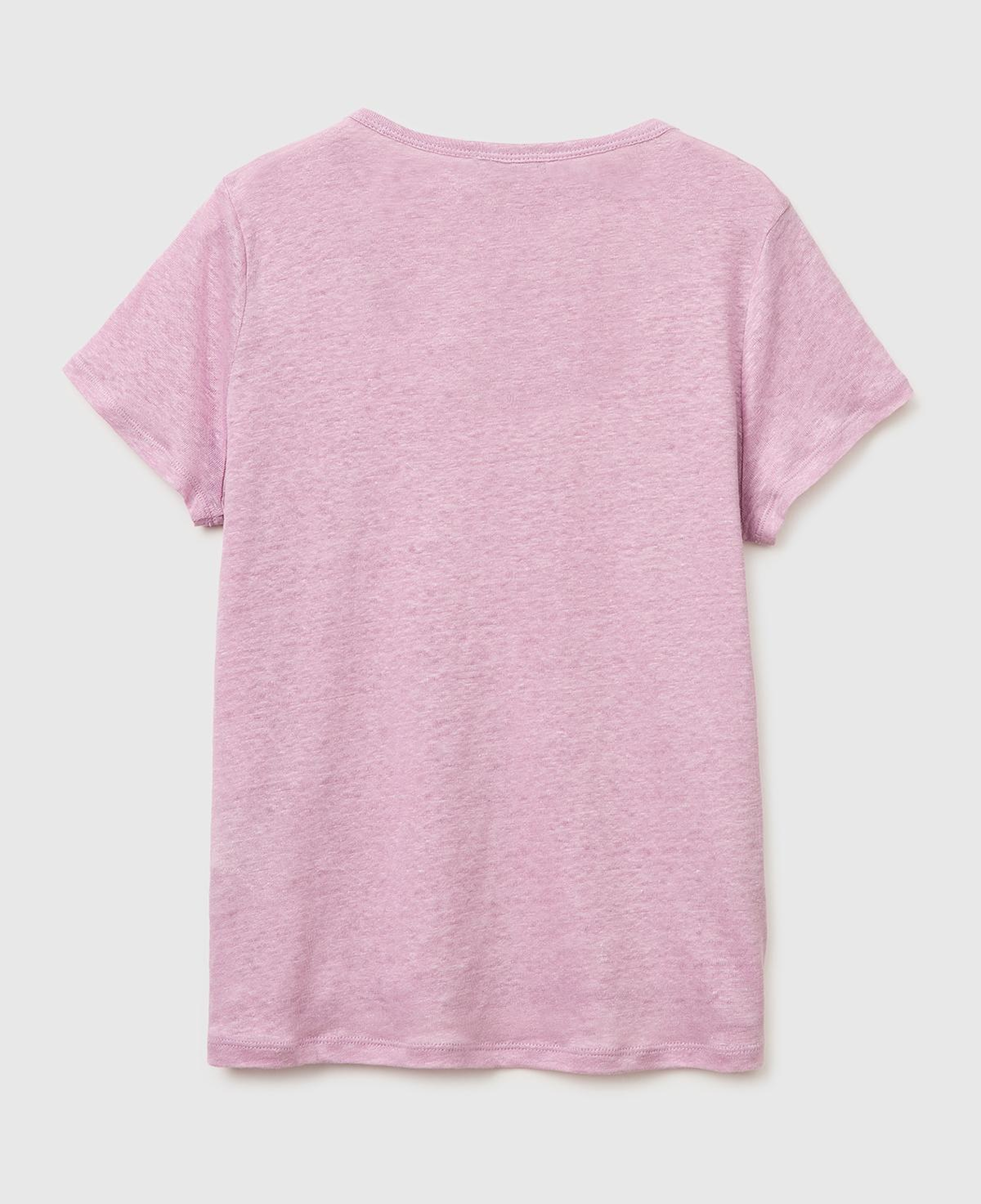 Kadın Açık Pembe %100 Keten Geniş Yaka Kısa Kollu T-Shirt