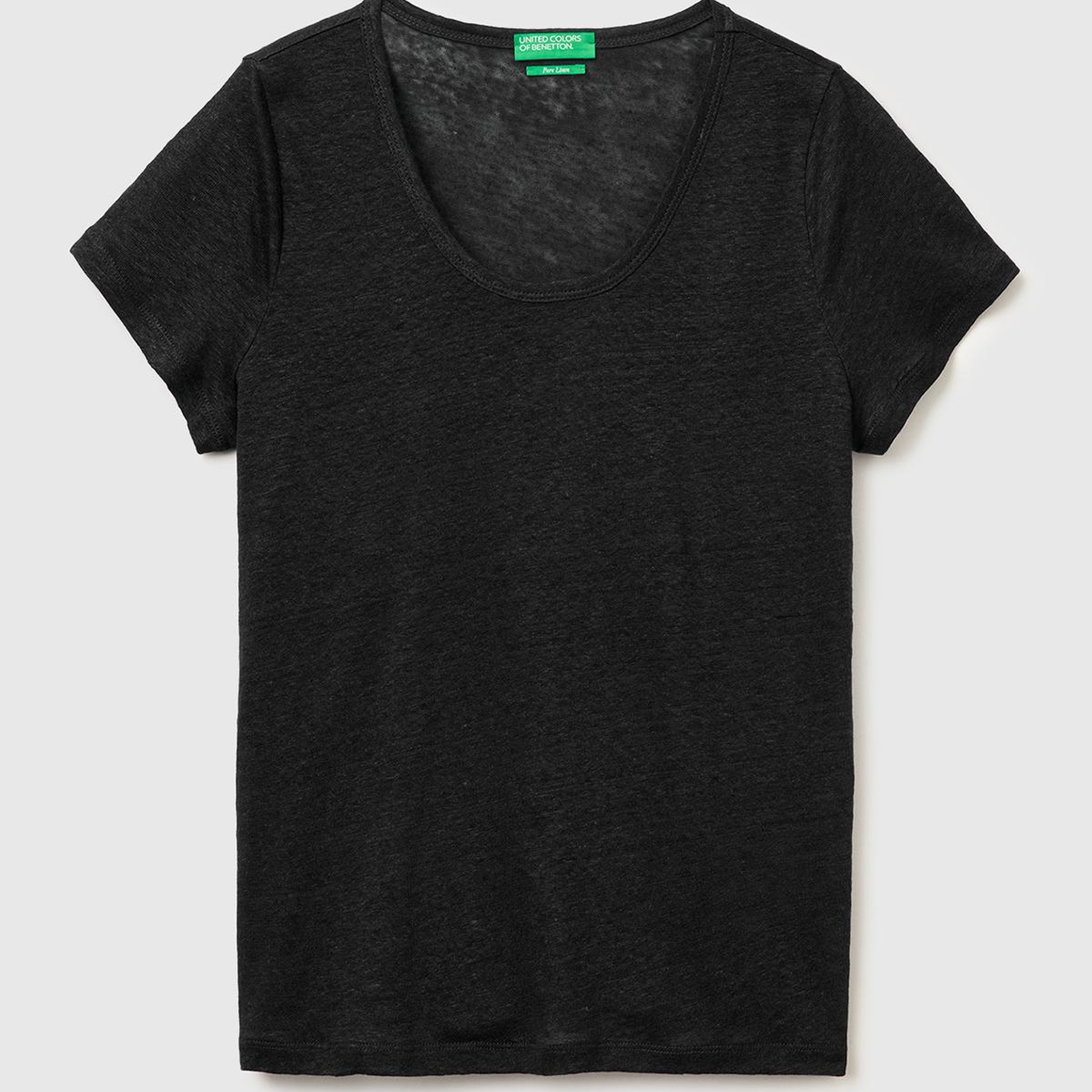 Kadın Siyah %100 Keten Geniş Yaka Kısa Kollu T-Shirt