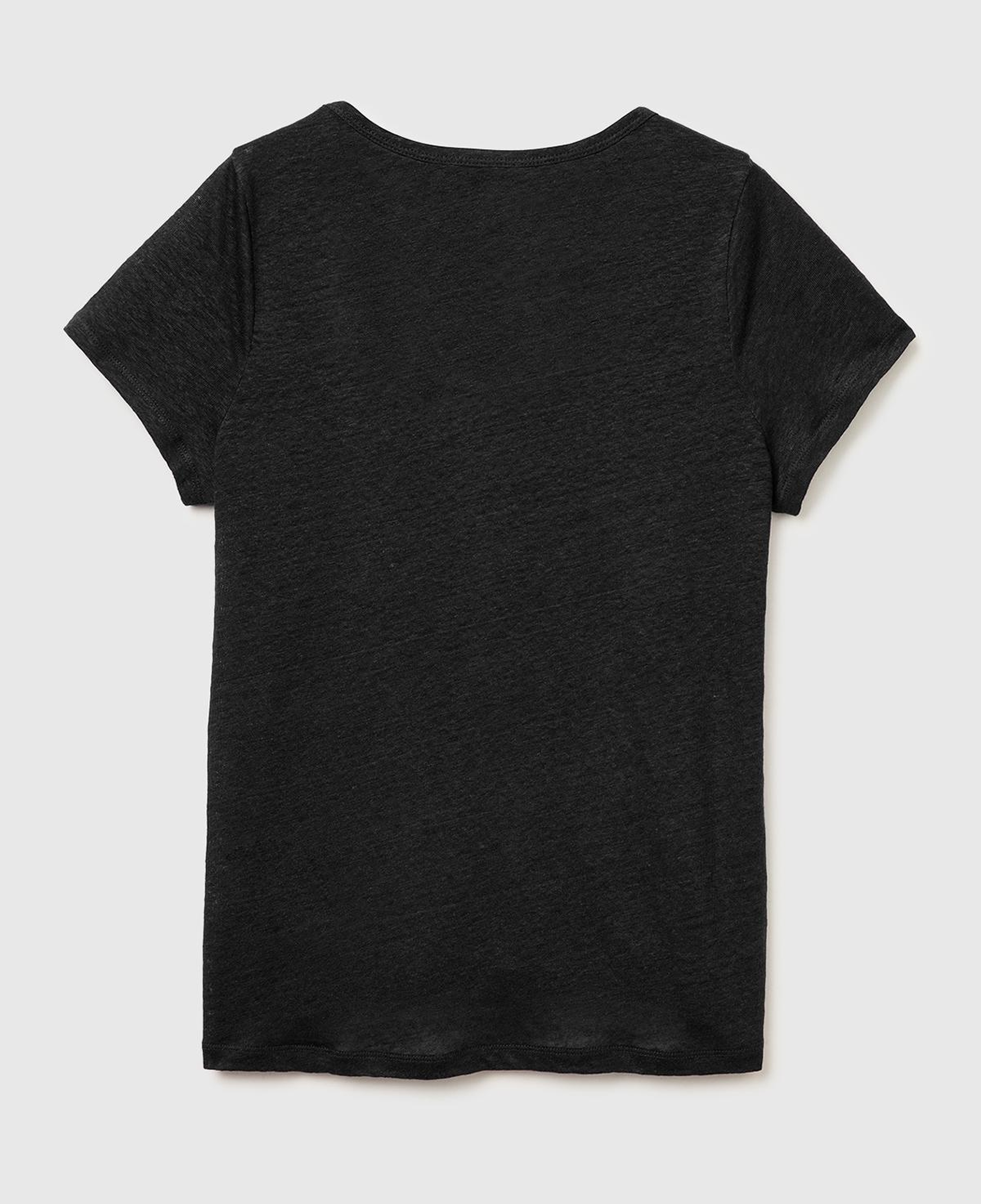 Kadın Siyah %100 Keten Geniş Yaka Kısa Kollu T-Shirt