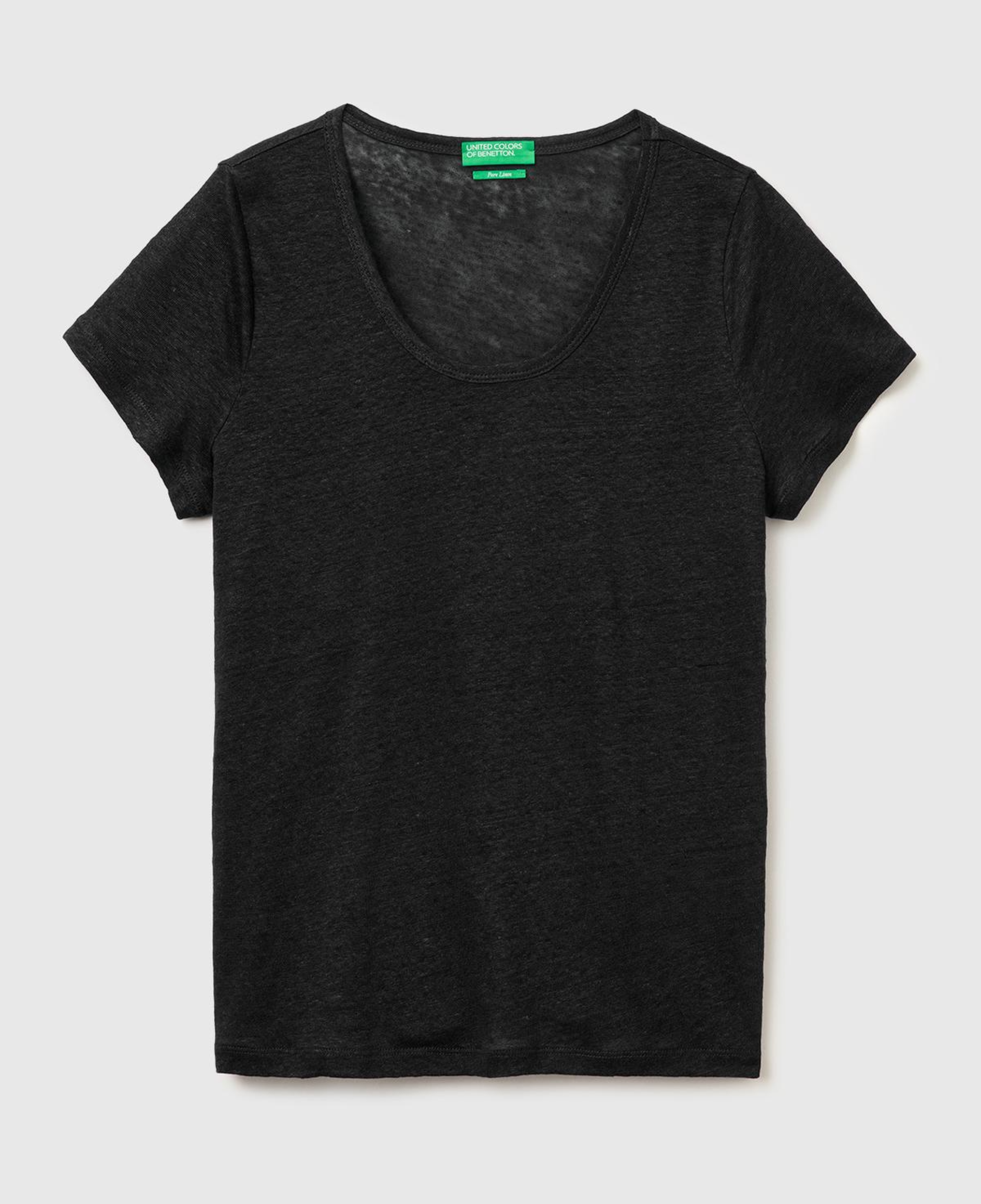 Kadın Siyah %100 Keten Geniş Yaka Kısa Kollu T-Shirt