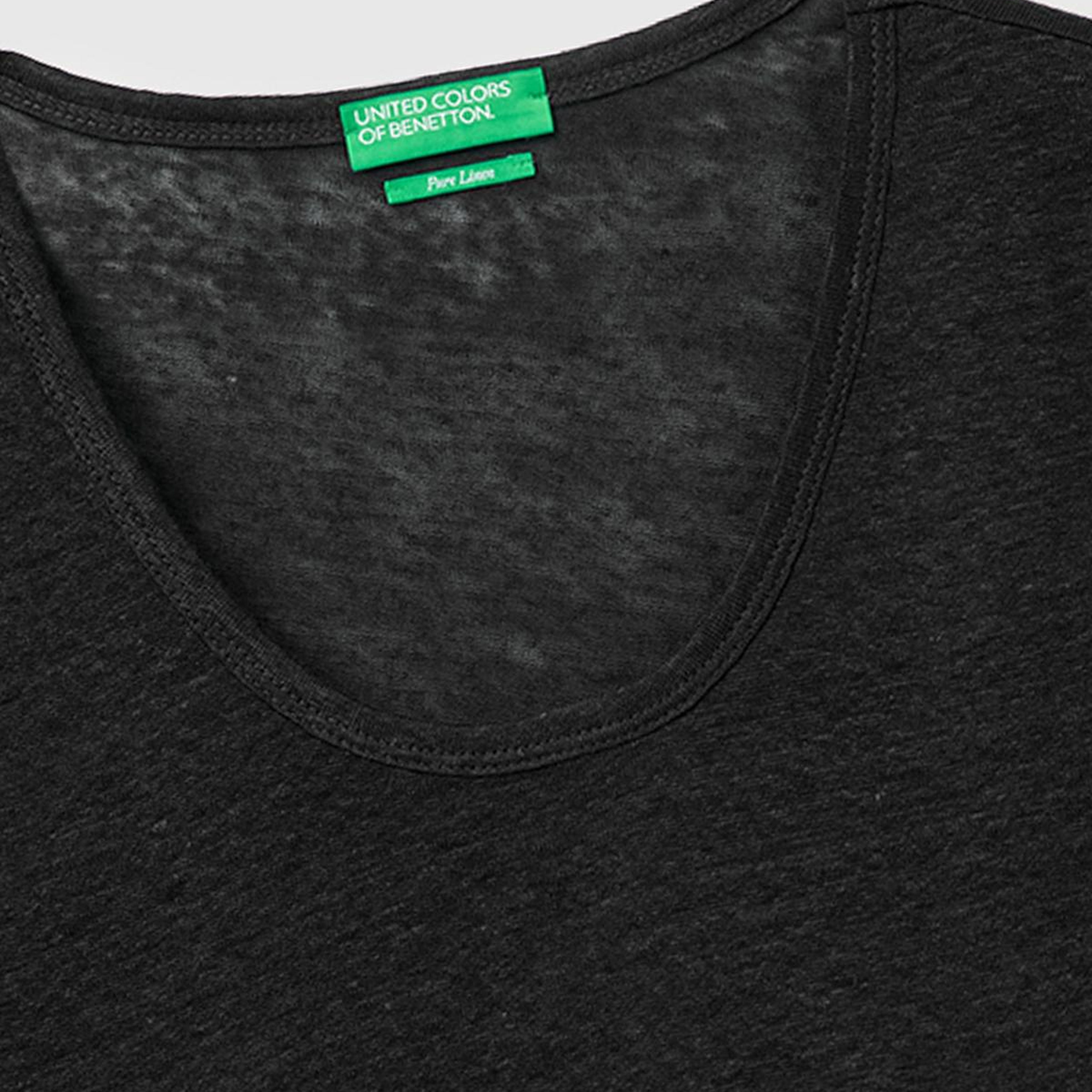 Kadın Siyah %100 Keten Geniş Yaka Kısa Kollu T-Shirt