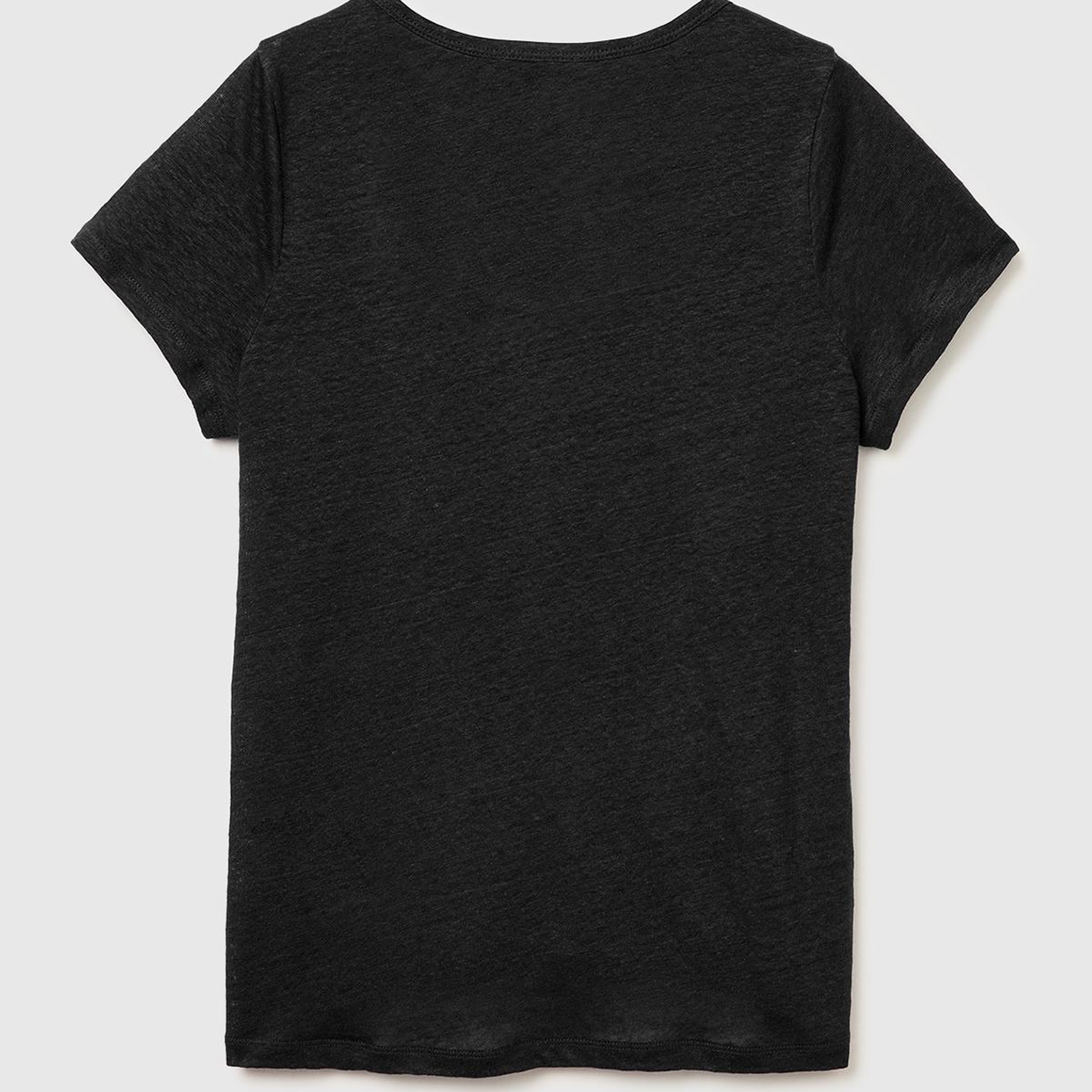 Kadın Siyah %100 Keten Geniş Yaka Kısa Kollu T-Shirt